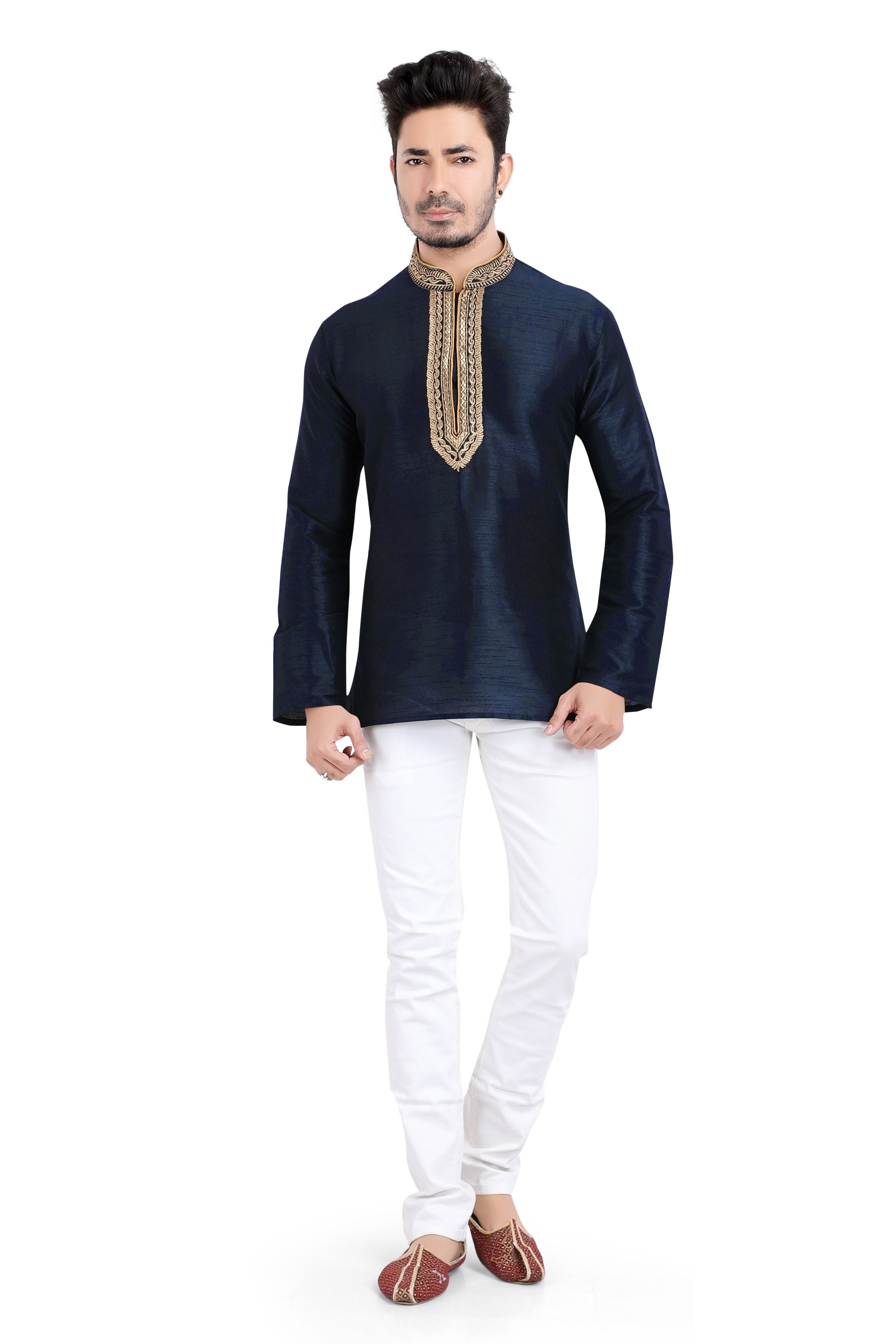 Banarasi Dupion Silk Short Kurta with embroidery in Navy Blue color - Premium kurta pajama from Dapper Ethnic - Just $49! Shop now at Dulhan Exclusives