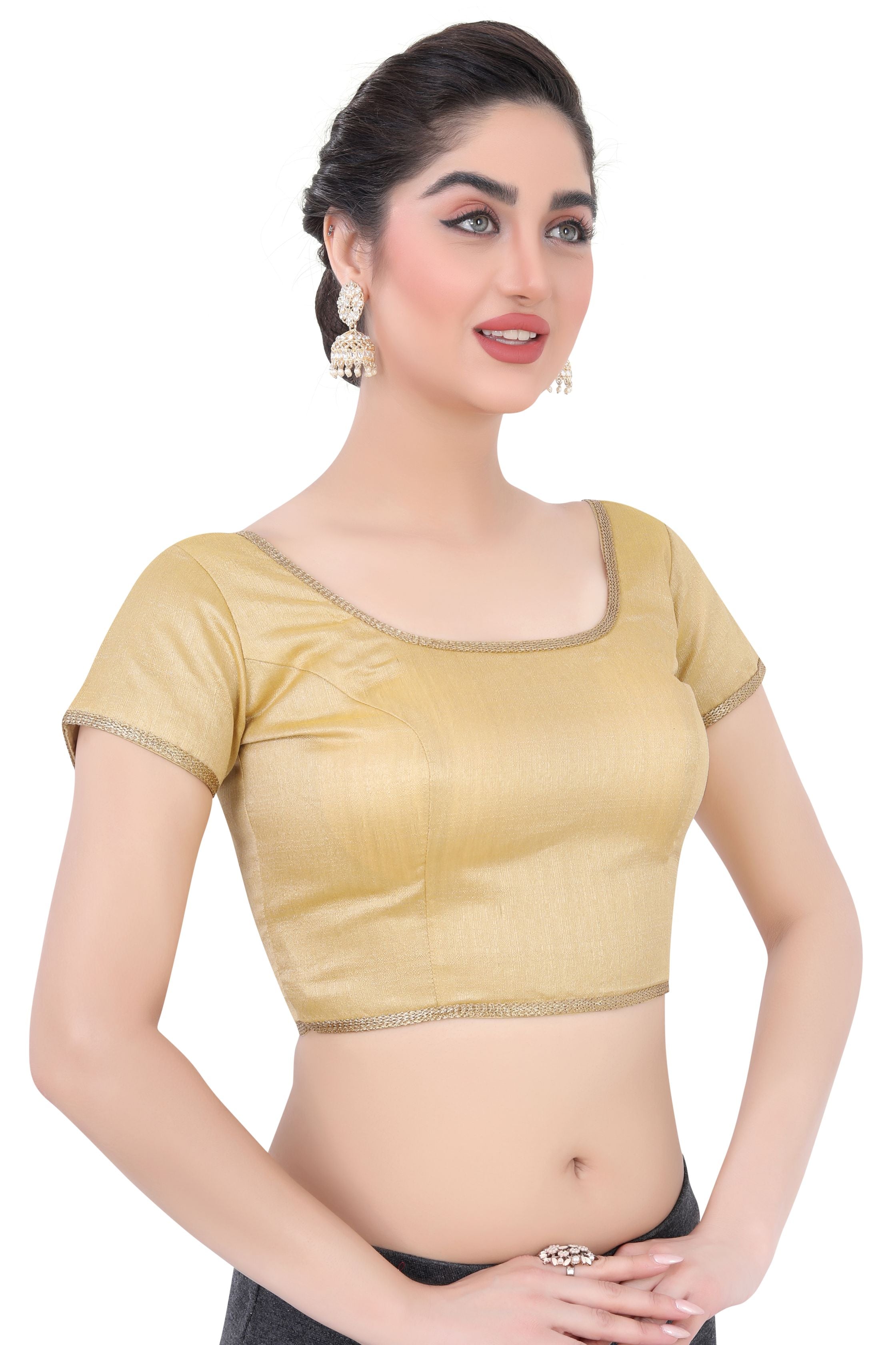 Short Sleeve Women's Bangalori satin/Brocade Blouses for partywear sarees in Gold BSB/11