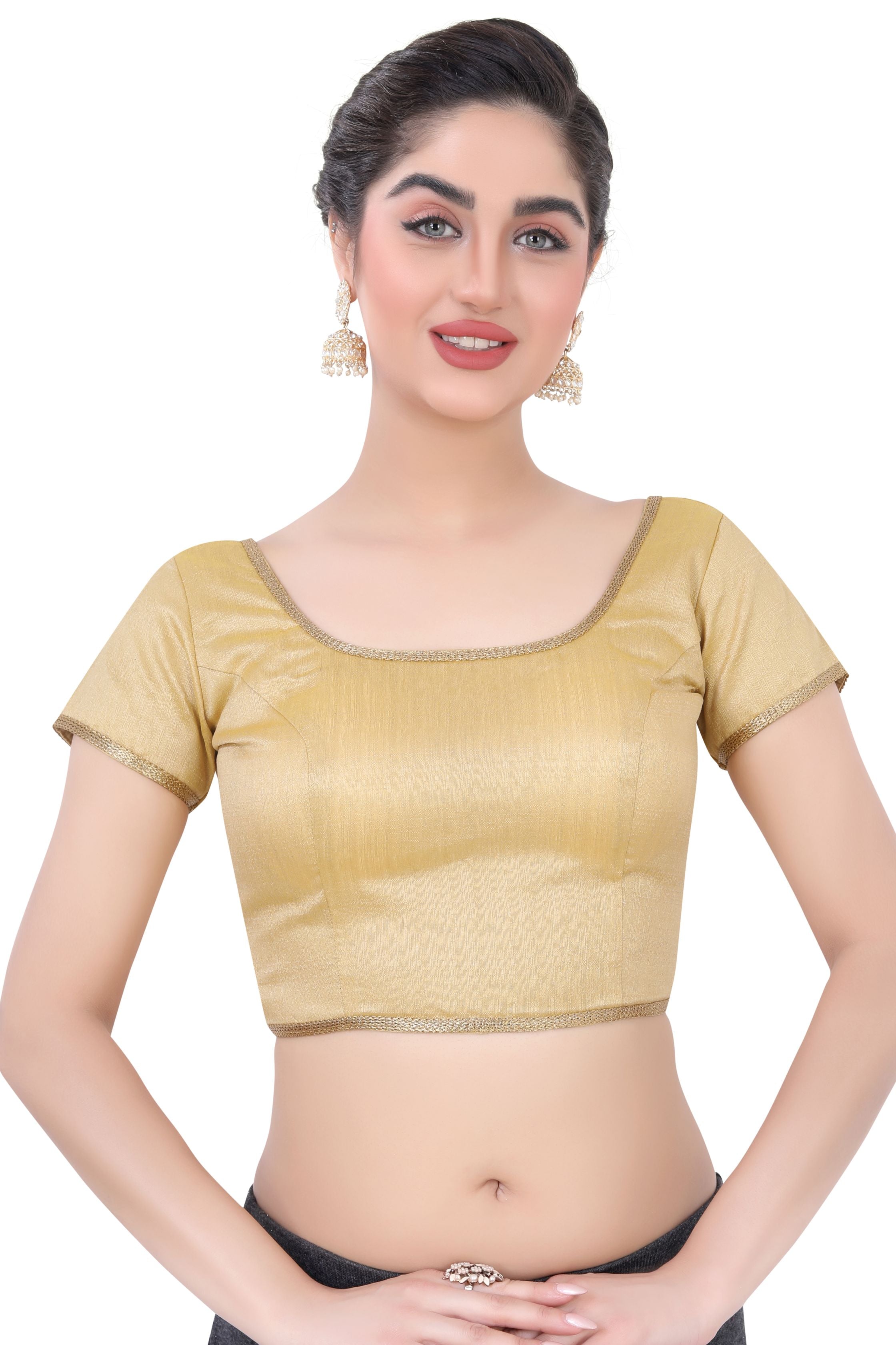 Short Sleeve Women's Bangalori satin/Brocade Blouses for partywear sarees in Gold BSB/11