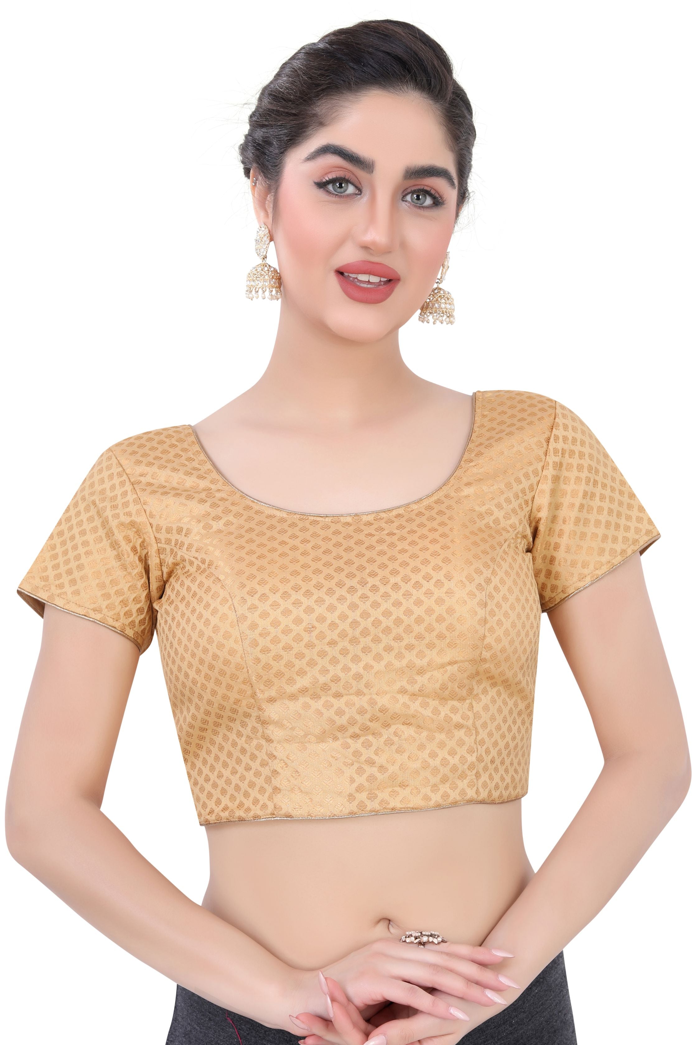 Short Sleeves  Women's Brocade Blouse for partywear sarees in Gold Color