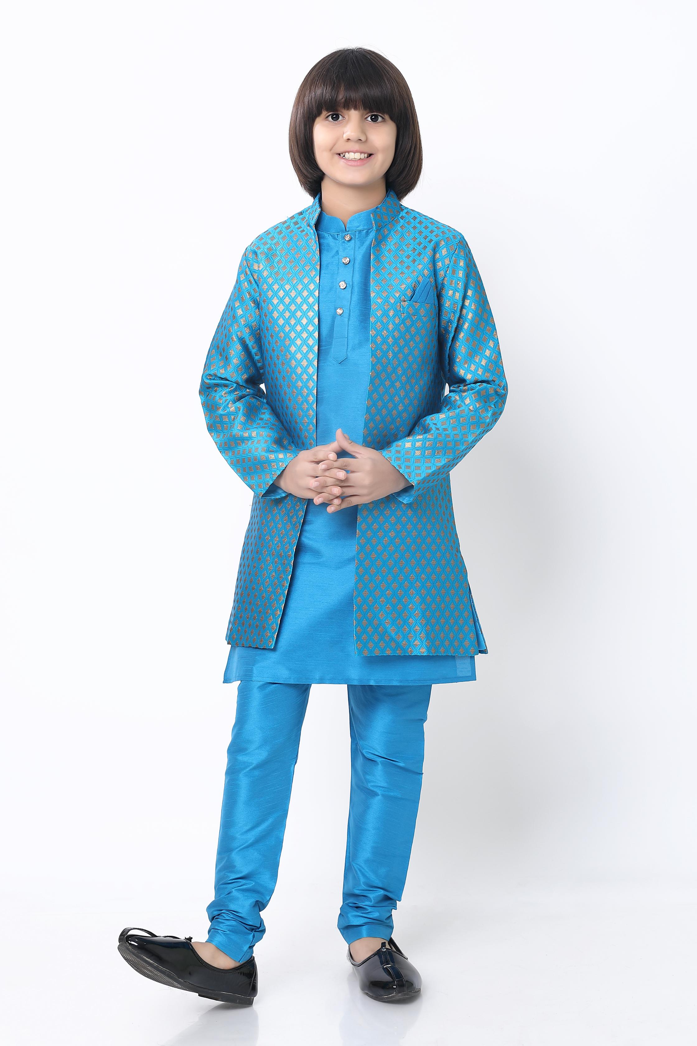 Boys 3 Pc Open Jacket Set in Blue - Premium 3 pieces Vest coat suit from Dapper Ethnic - Just $99! Shop now at Dulhan Exclusives