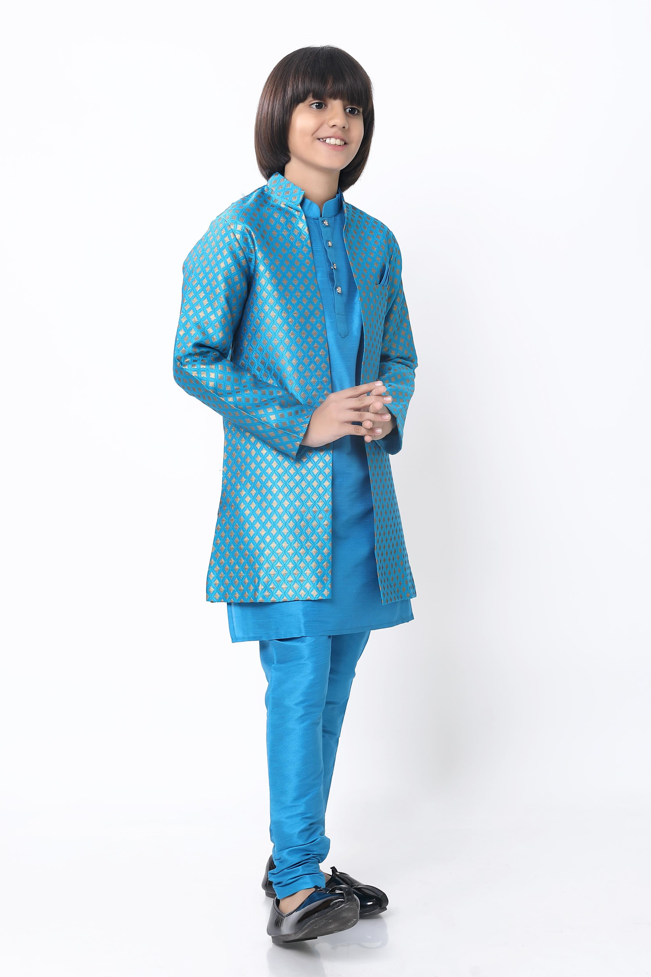 Boys 3 Pc Open Jacket Set in Blue - Premium 3 pieces Vest coat suit from Dapper Ethnic - Just $99! Shop now at Dulhan Exclusives
