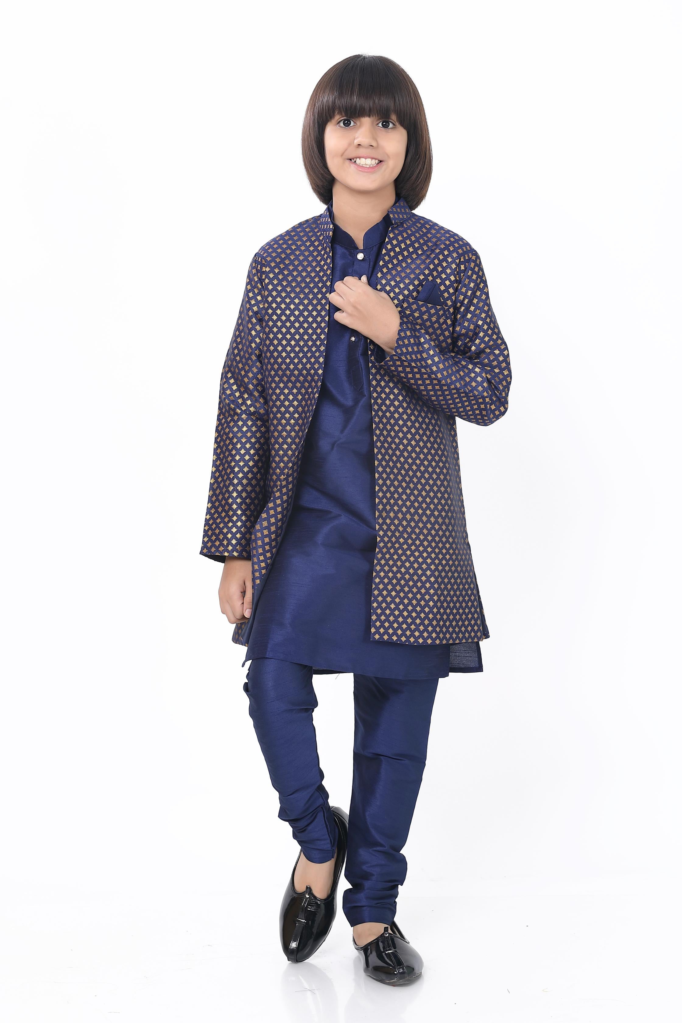 Boys 3 Pc Open Jacket Set in Navy Blue - Premium 3 pieces Vest coat suit from Dapper Ethnic - Just $99! Shop now at Dulhan Exclusives