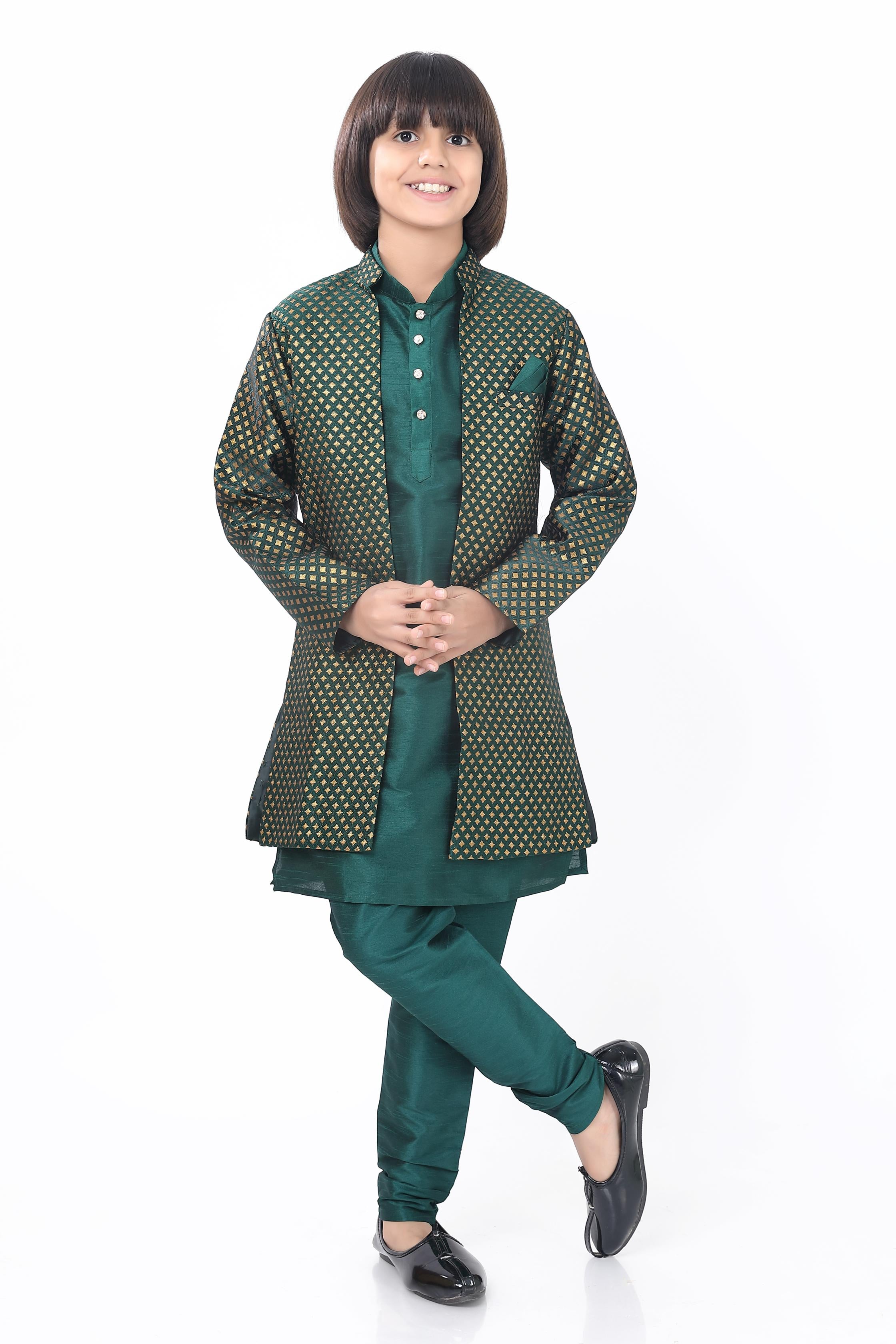 Boys 3 Pc Open Jacket Set in Bottle Green