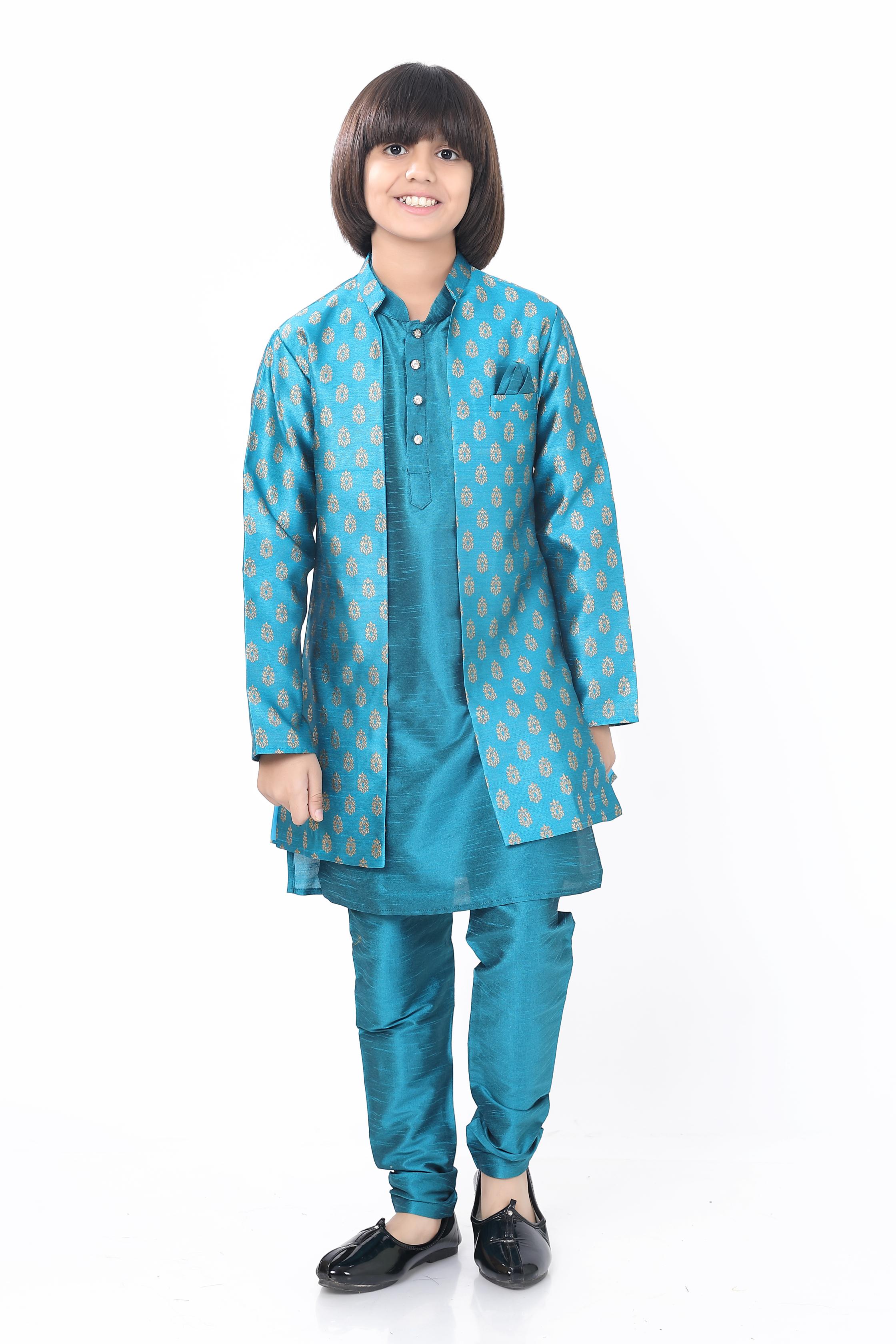Boys 3 Pc Open Jacket Set in Peacock Blue - Premium 3 pieces Vest coat suit from Dapper Ethnic - Just $99! Shop now at Dulhan Exclusives