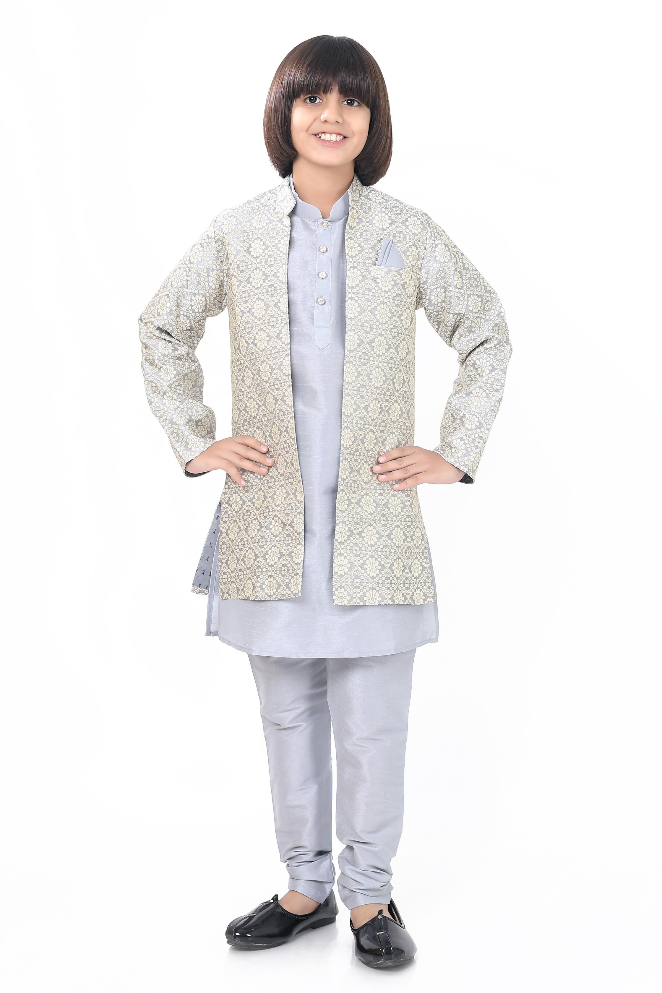 Boys 3 Pc Open Jacket Set in Light Grey - Premium 3 pieces Vest coat suit from Dapper Ethnic - Just $99! Shop now at Dulhan Exclusives