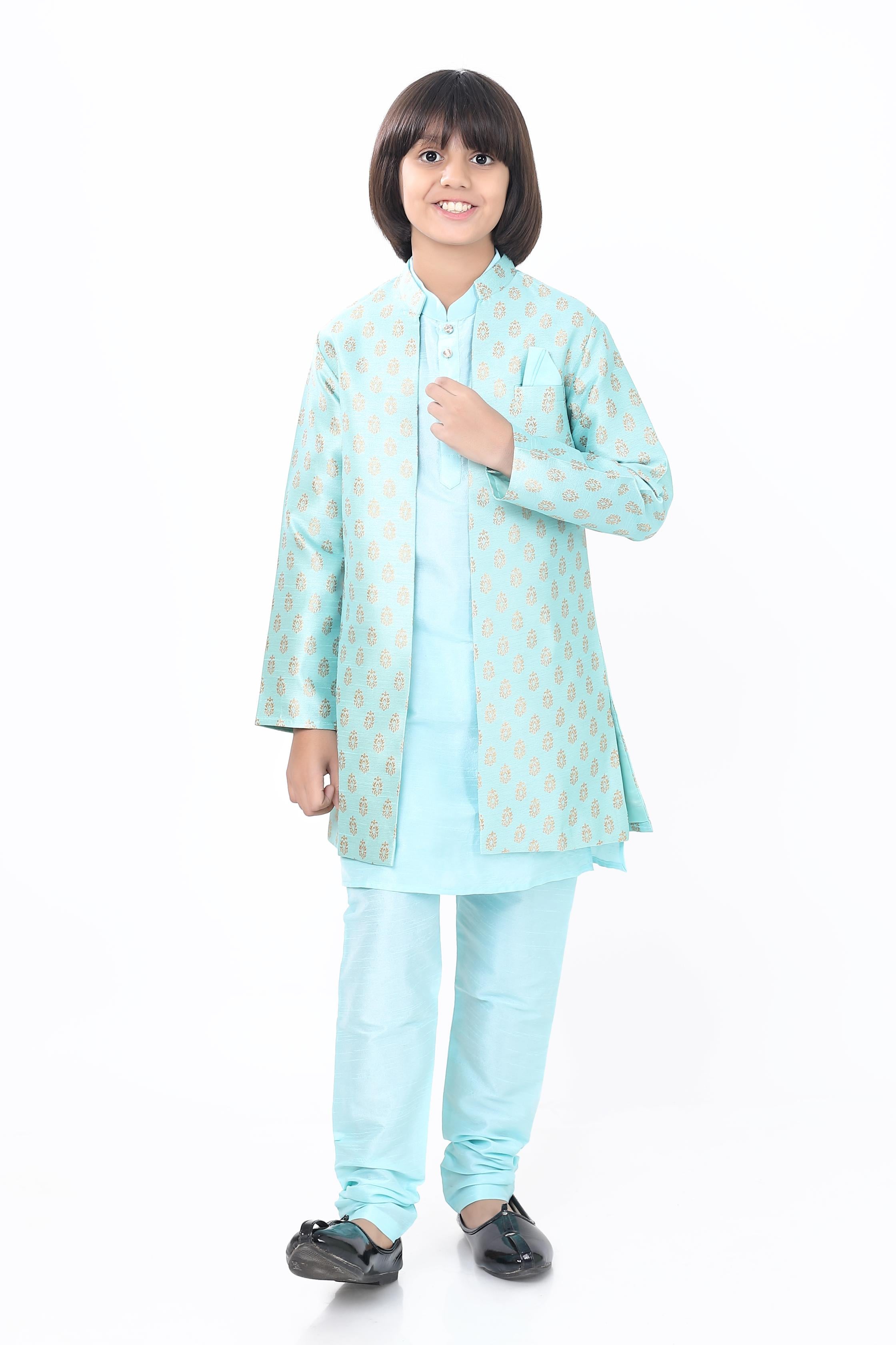 Boys 3 Pc Open Jacket Set in Sea Green - Premium 3 pieces Vest coat suit from Dapper Ethnic - Just $99! Shop now at Dulhan Exclusives