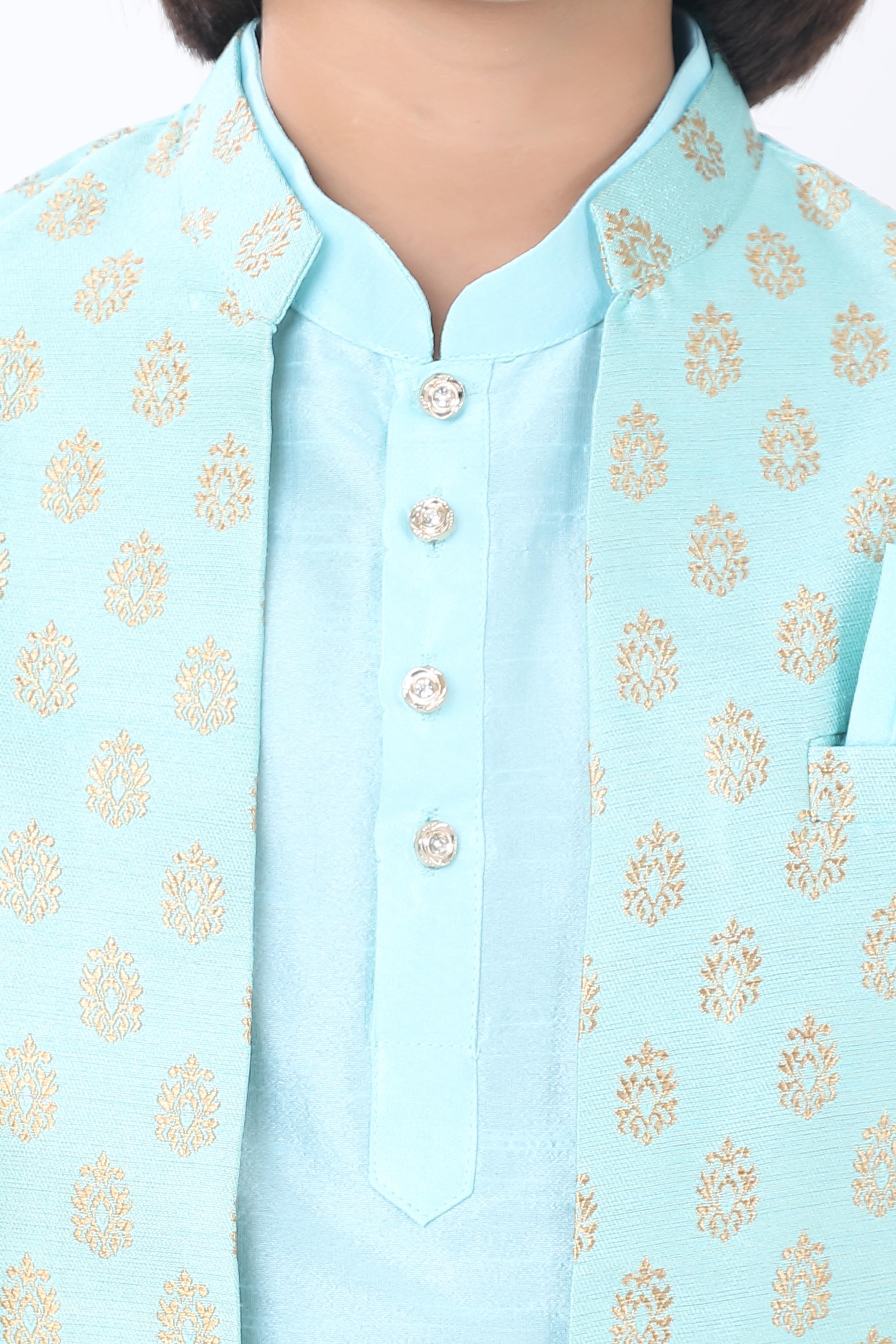 Boys 3 Pc Open Jacket Set in Sea Green - Premium 3 pieces Vest coat suit from Dapper Ethnic - Just $99! Shop now at Dulhan Exclusives