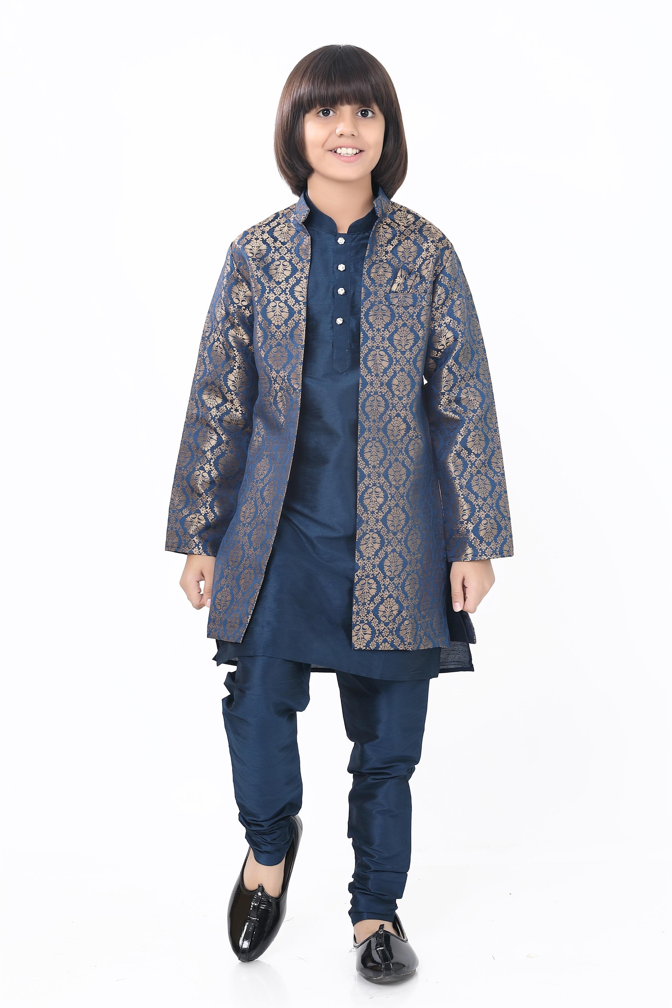 Boys 3 Pc Open Jacket Set in Navy Blue - Premium 3 pieces Vest coat suit from Dapper Ethnic - Just $99! Shop now at Dulhan Exclusives