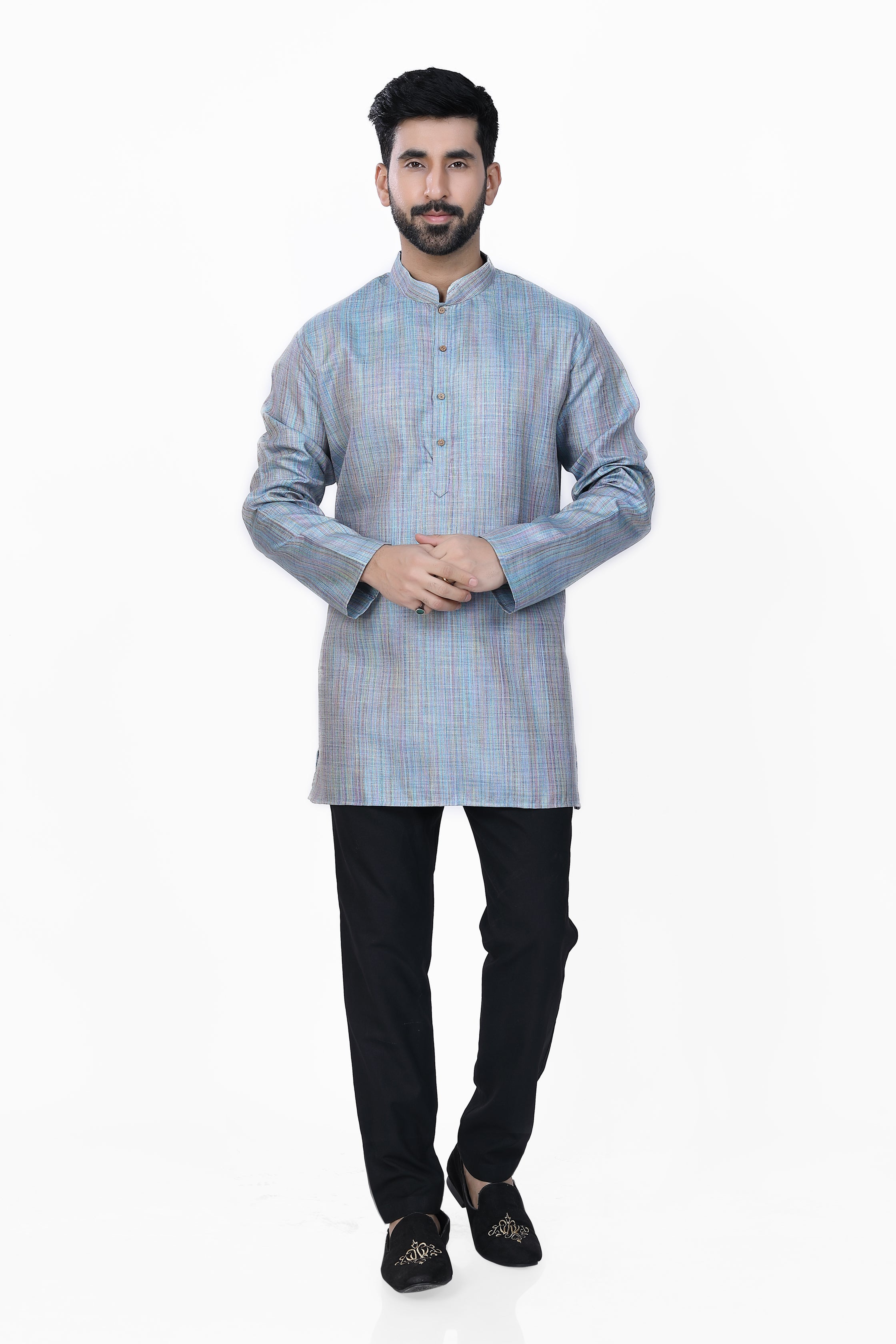 Men's Khadi Handwoven Short Kurta Blue