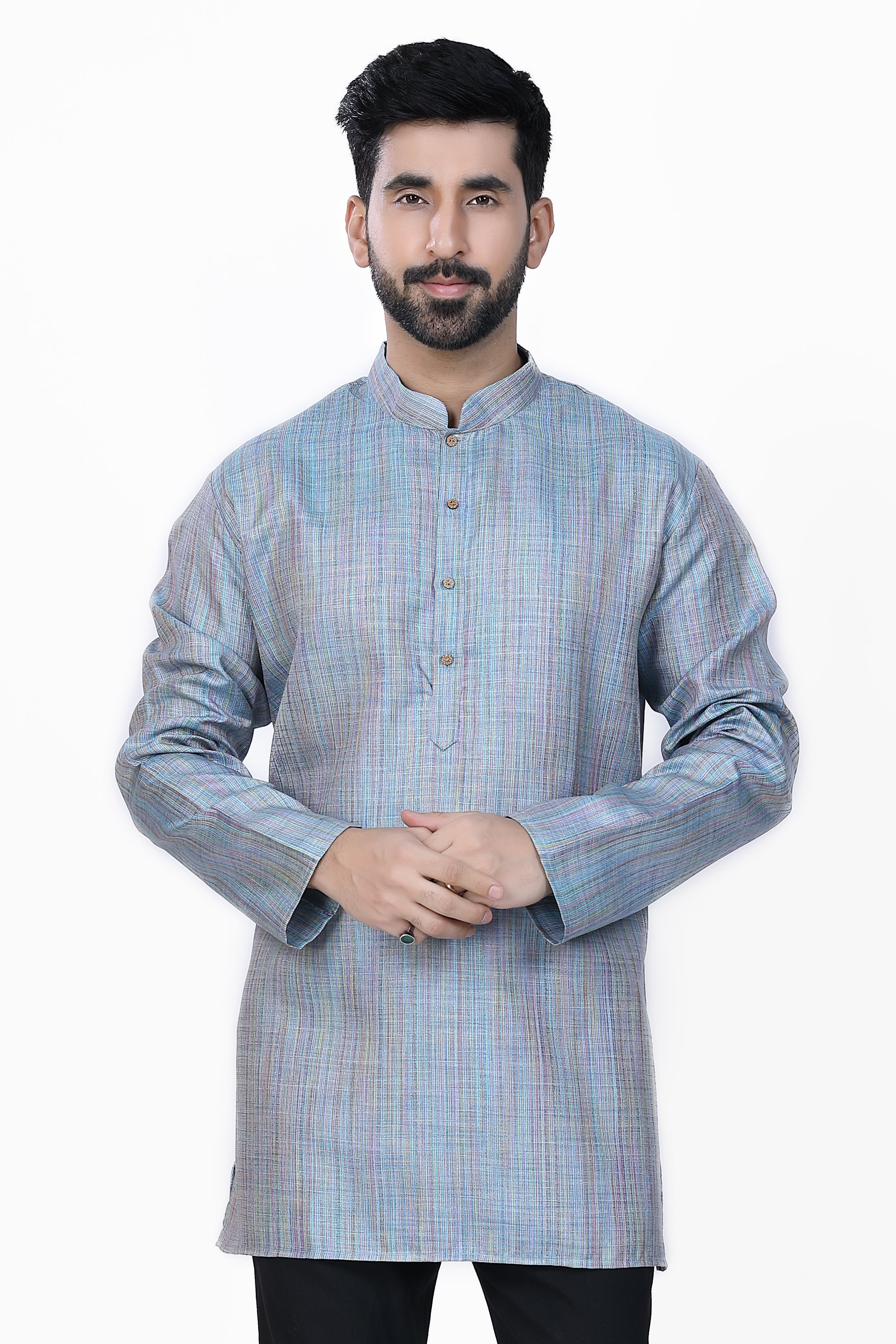 Men's Khadi Handwoven Short Kurta Blue