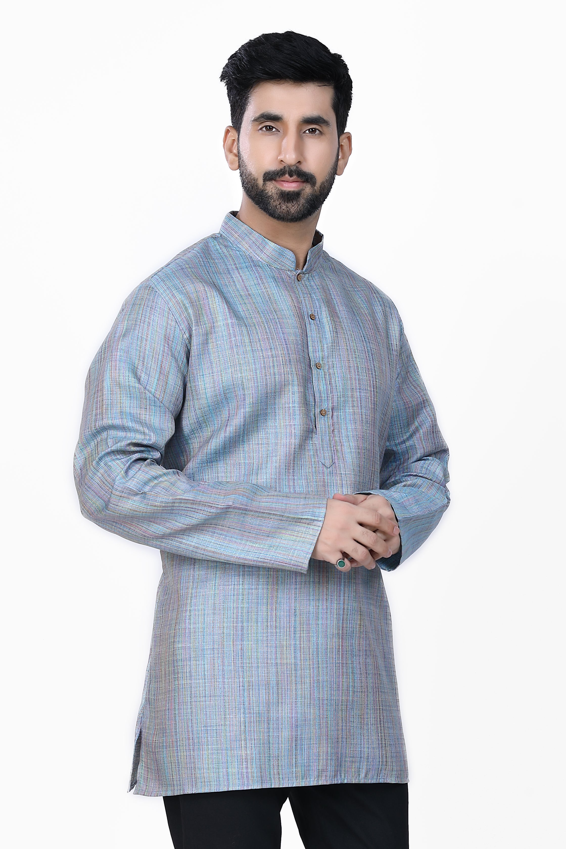 Men's Khadi Handwoven Short Kurta Blue