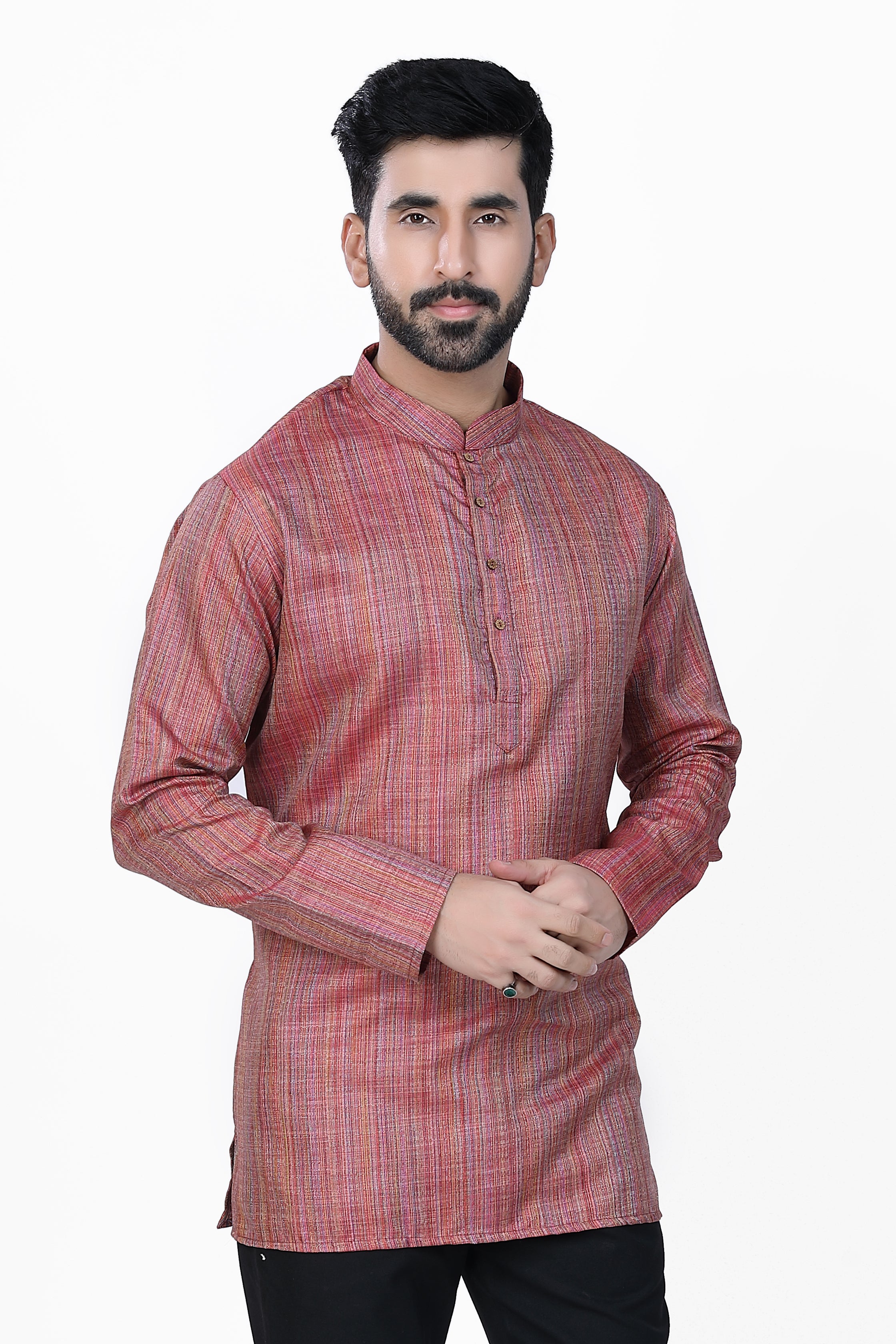 Men's Khadi Handwoven Short Kurta Dark Pink