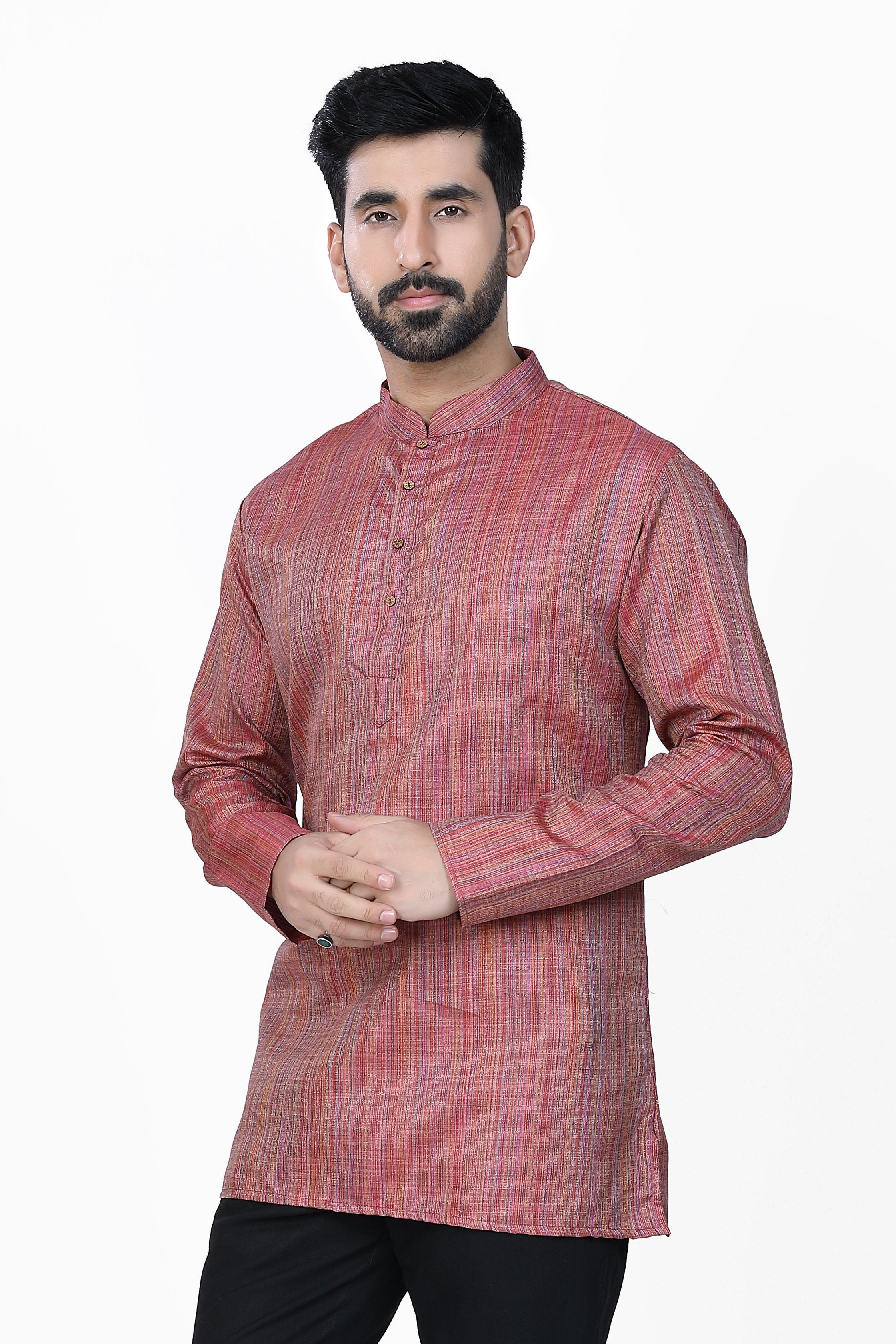 Men's Khadi Handwoven Short Kurta Dark Pink