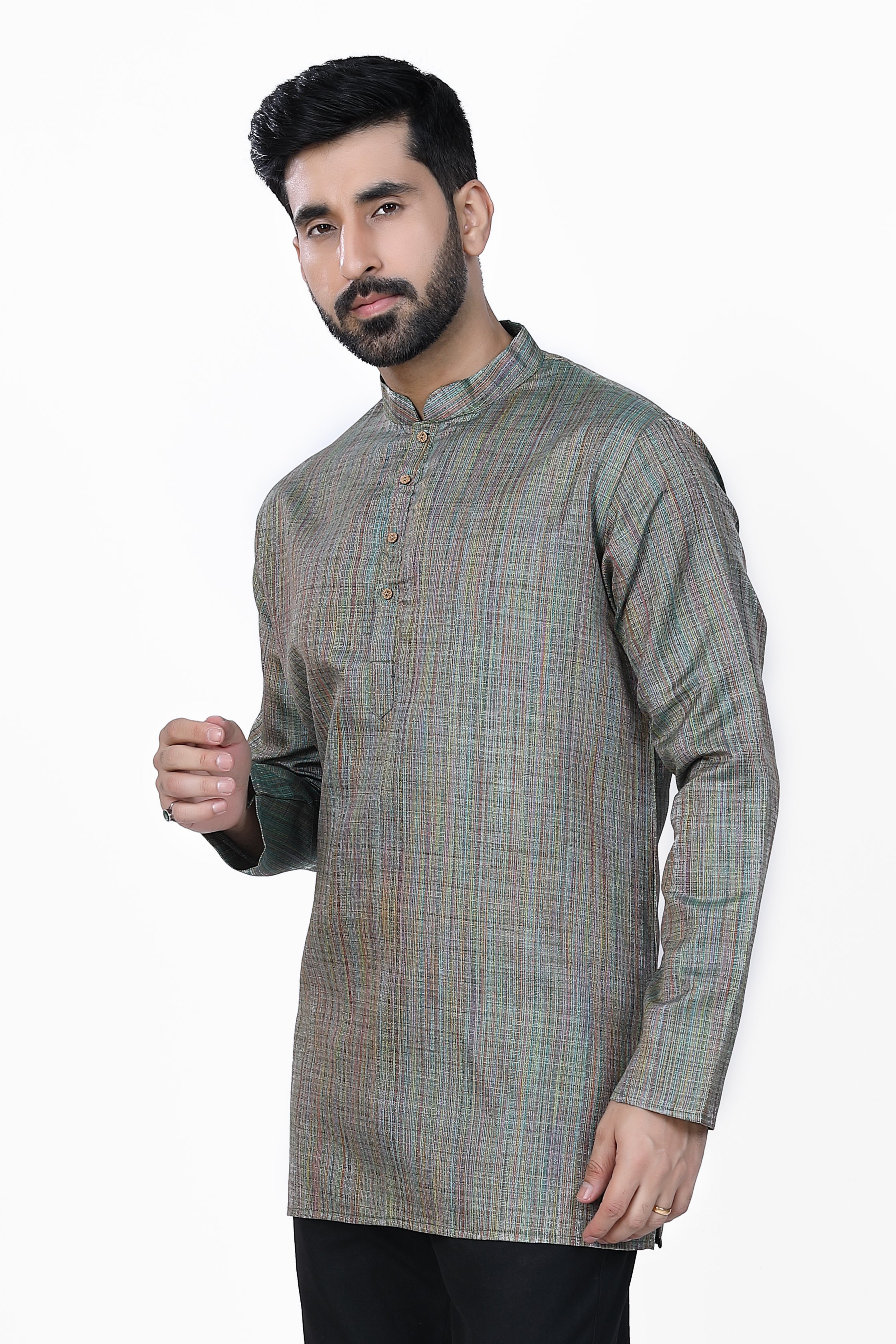 Men's Khadi Handwoven Short Kurta Green