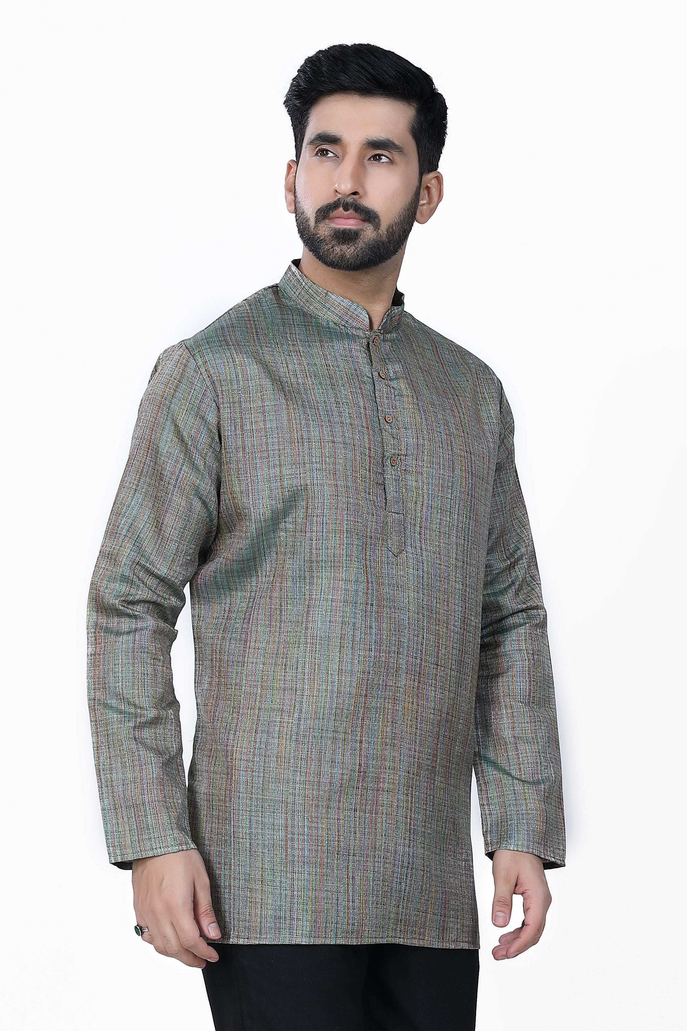 Men's Khadi Handwoven Short Kurta Green