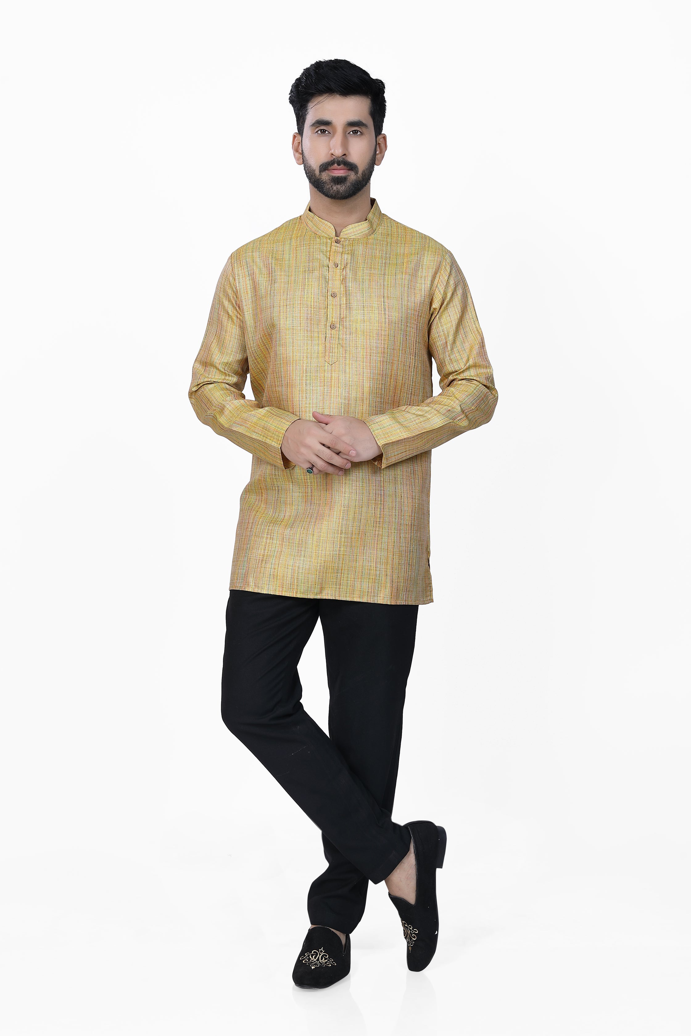 Men's Khadi Handwoven Short Kurta Yellow
