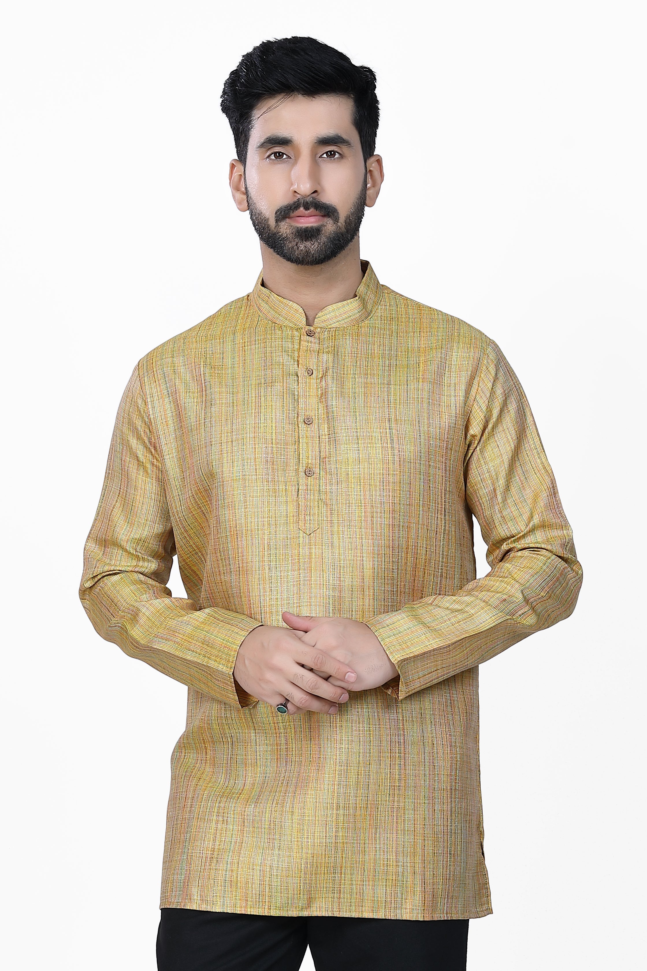 Men's Khadi Handwoven Short Kurta Yellow