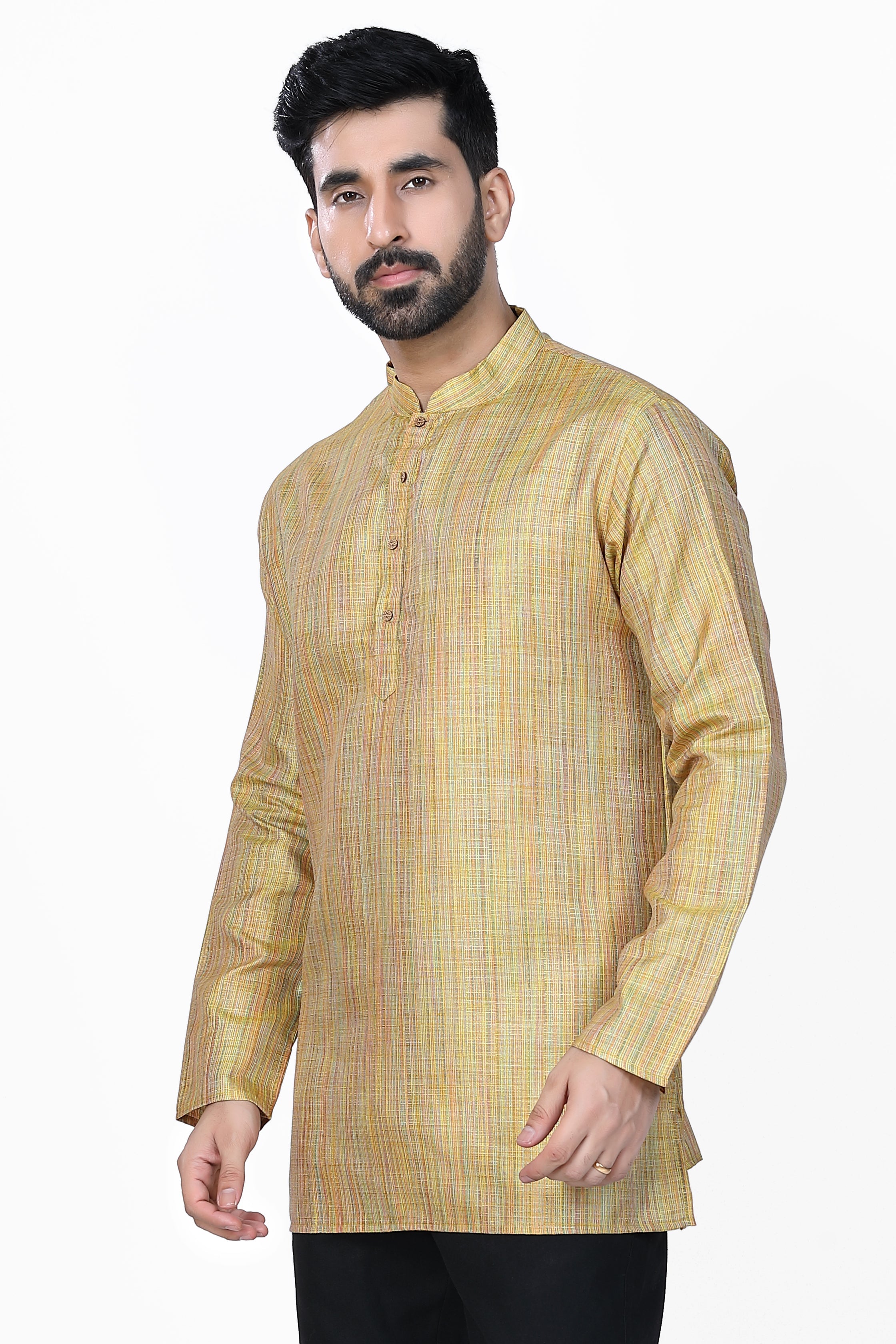 Men's Khadi Handwoven Short Kurta Yellow