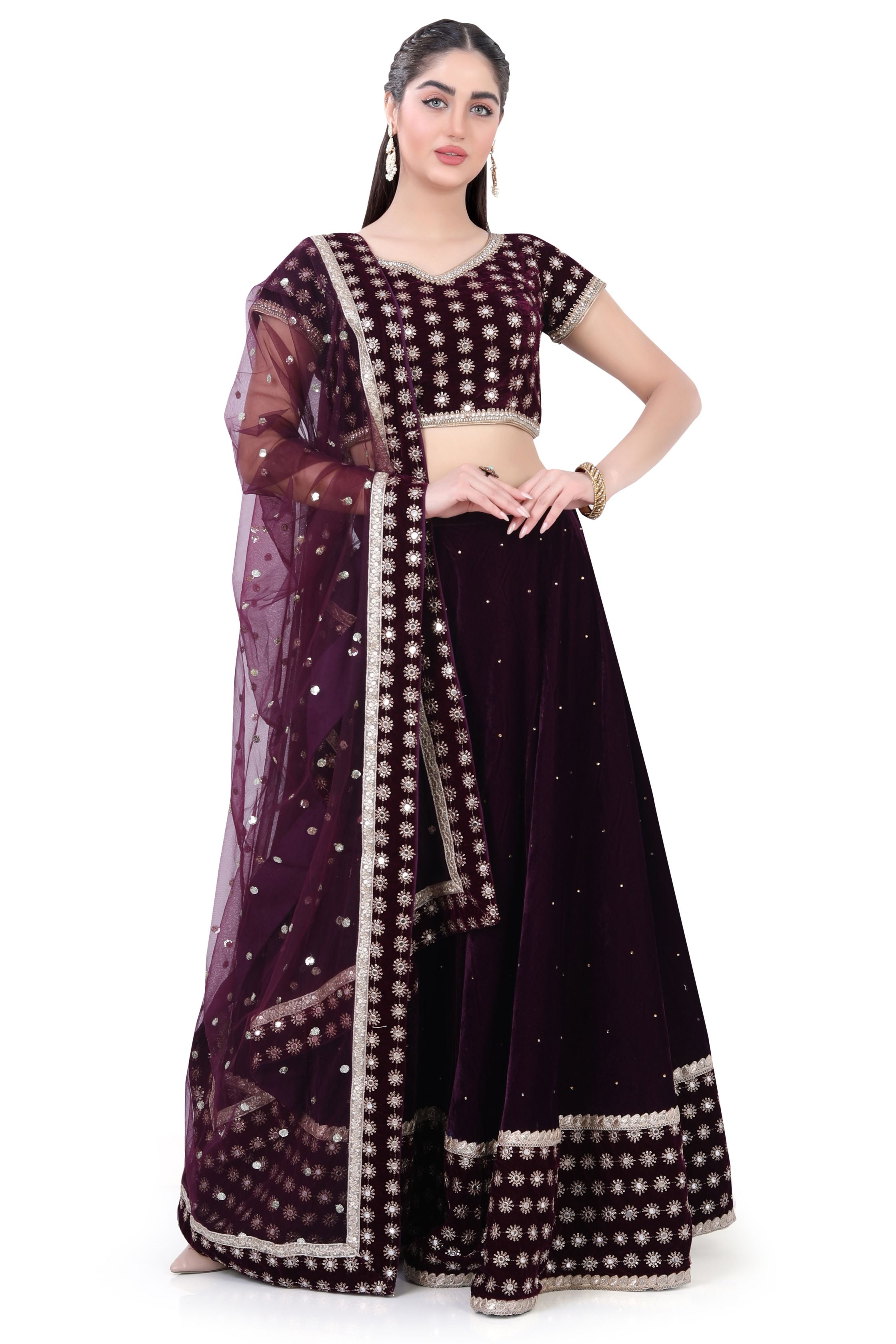 Velvet Lehenga Choli-Wine Color