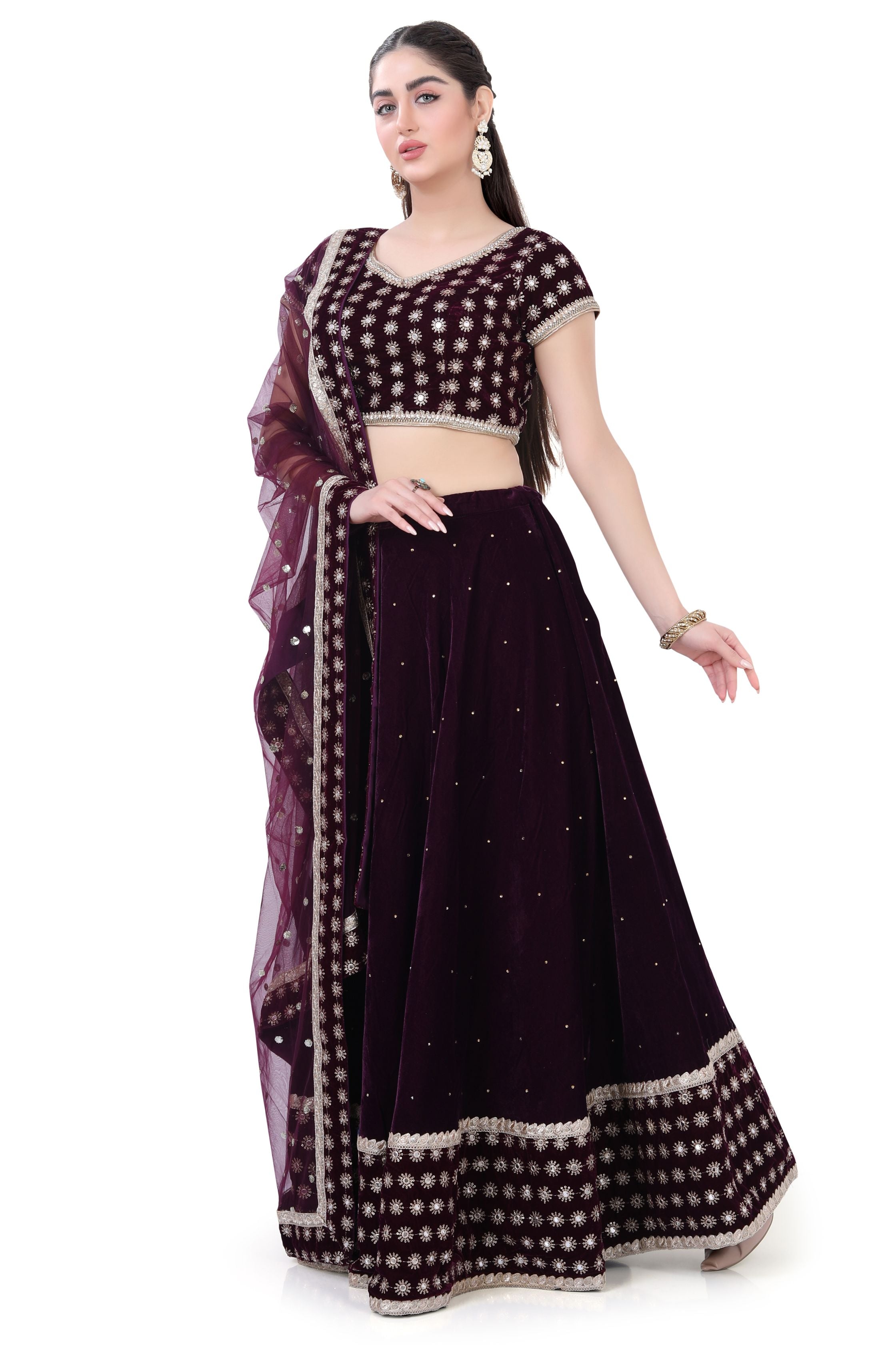 Velvet Lehenga Choli-Wine Color