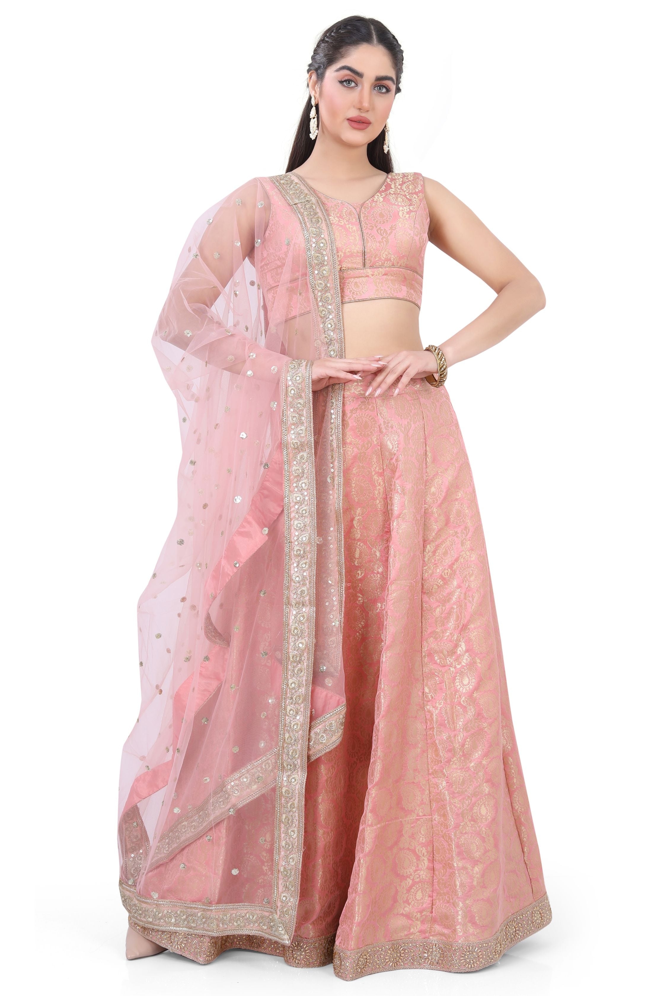 Peach Brocade Lehenga Choli-2