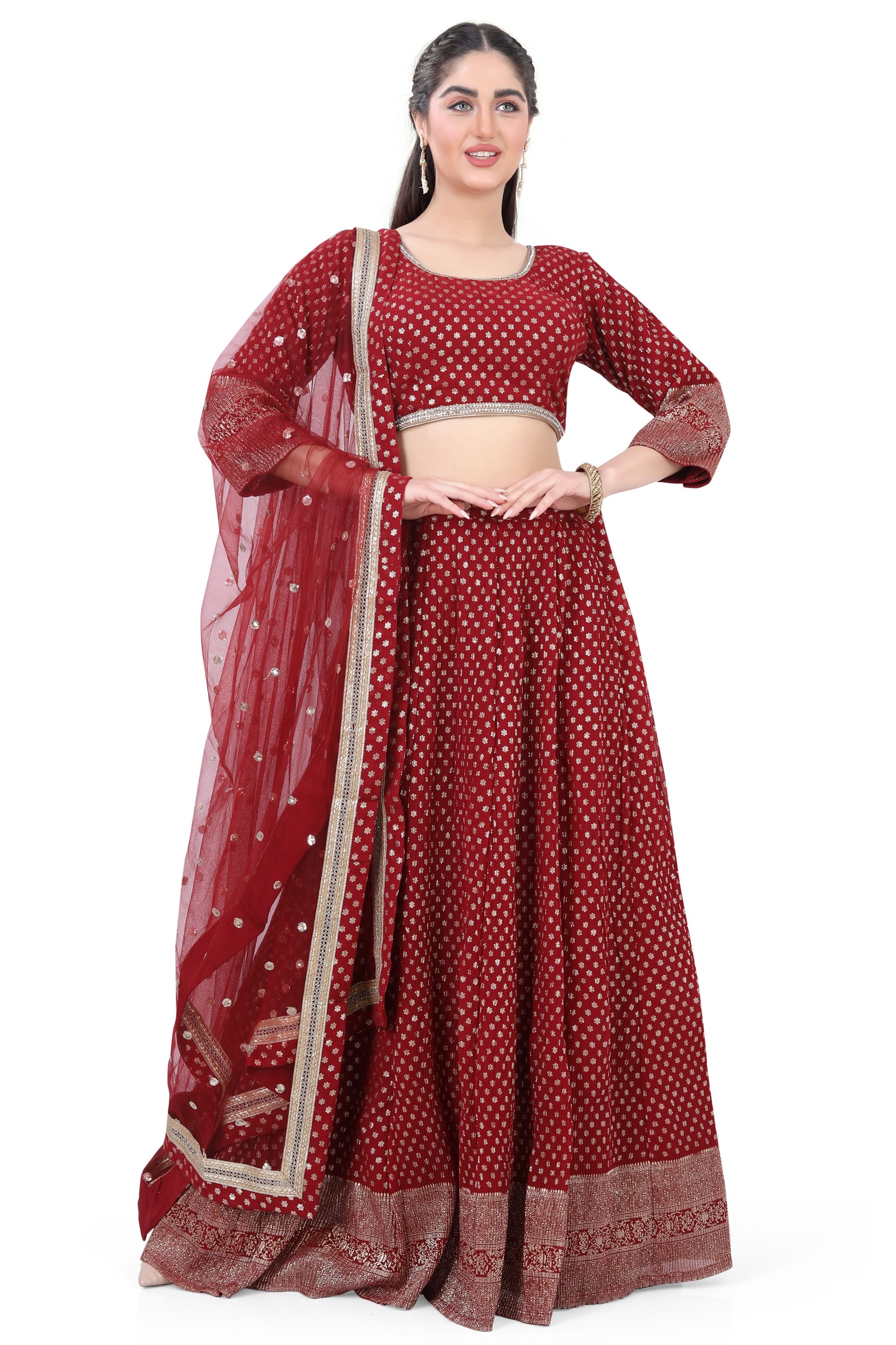 Maroon Georgette Foil Lehenga Choli - Premium Partywear Lehenga from Dulhan Exclusives - Just $195! Shop now at Dulhan Exclusives