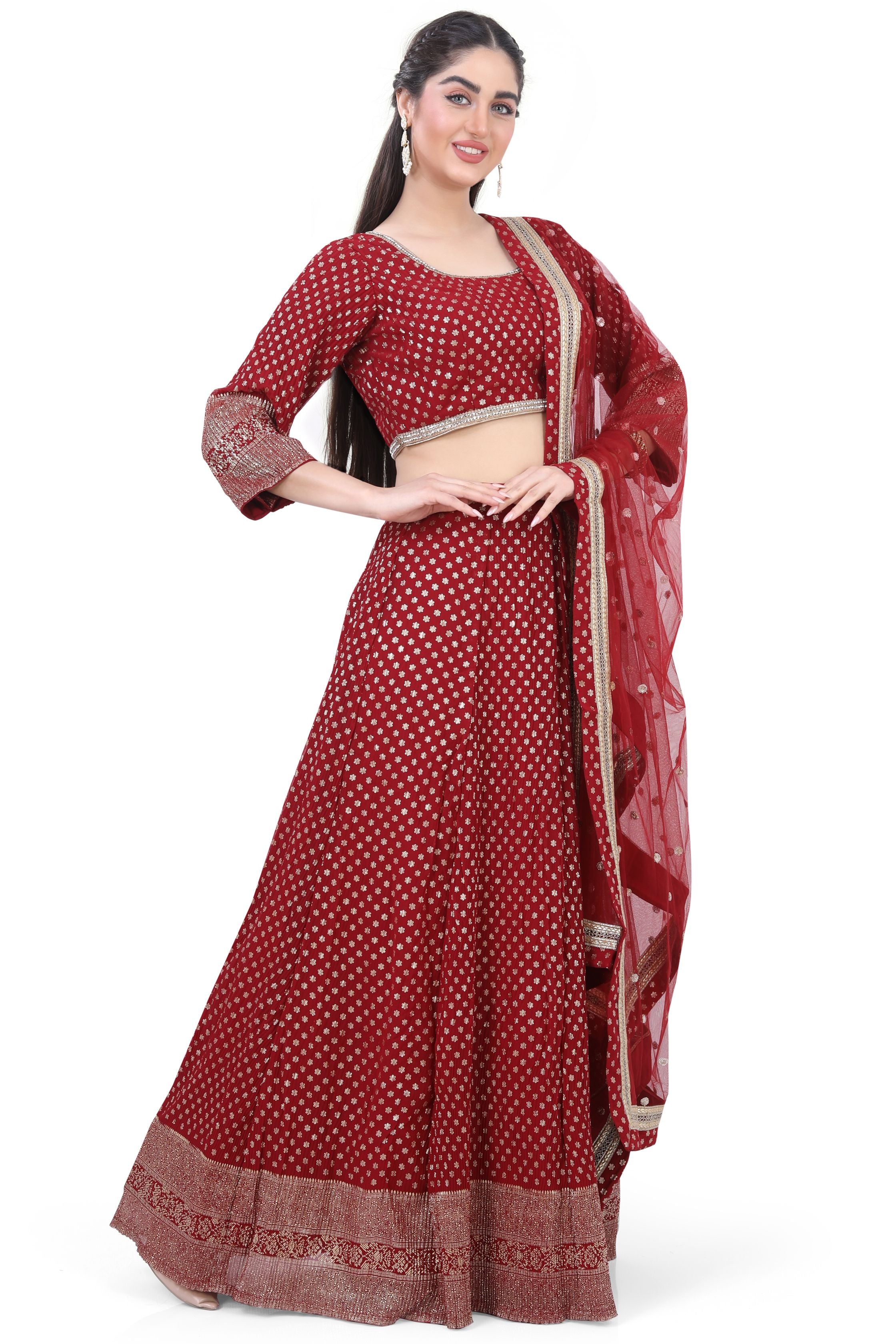 Maroon Georgette Foil Lehenga Choli - Premium Partywear Lehenga from Dulhan Exclusives - Just $195! Shop now at Dulhan Exclusives