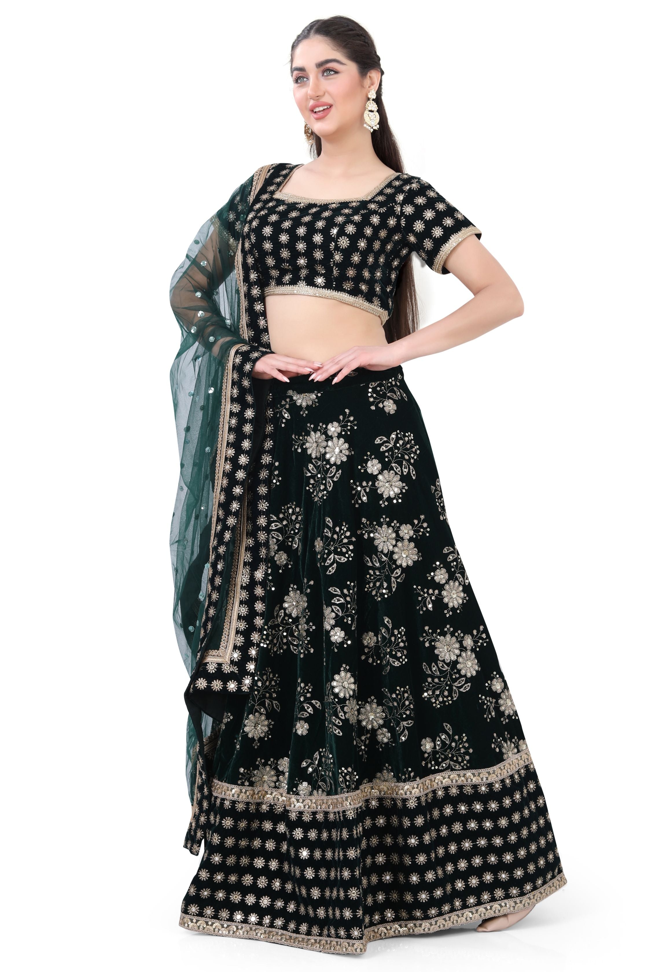 Green Velvet Lehenga Choli-4