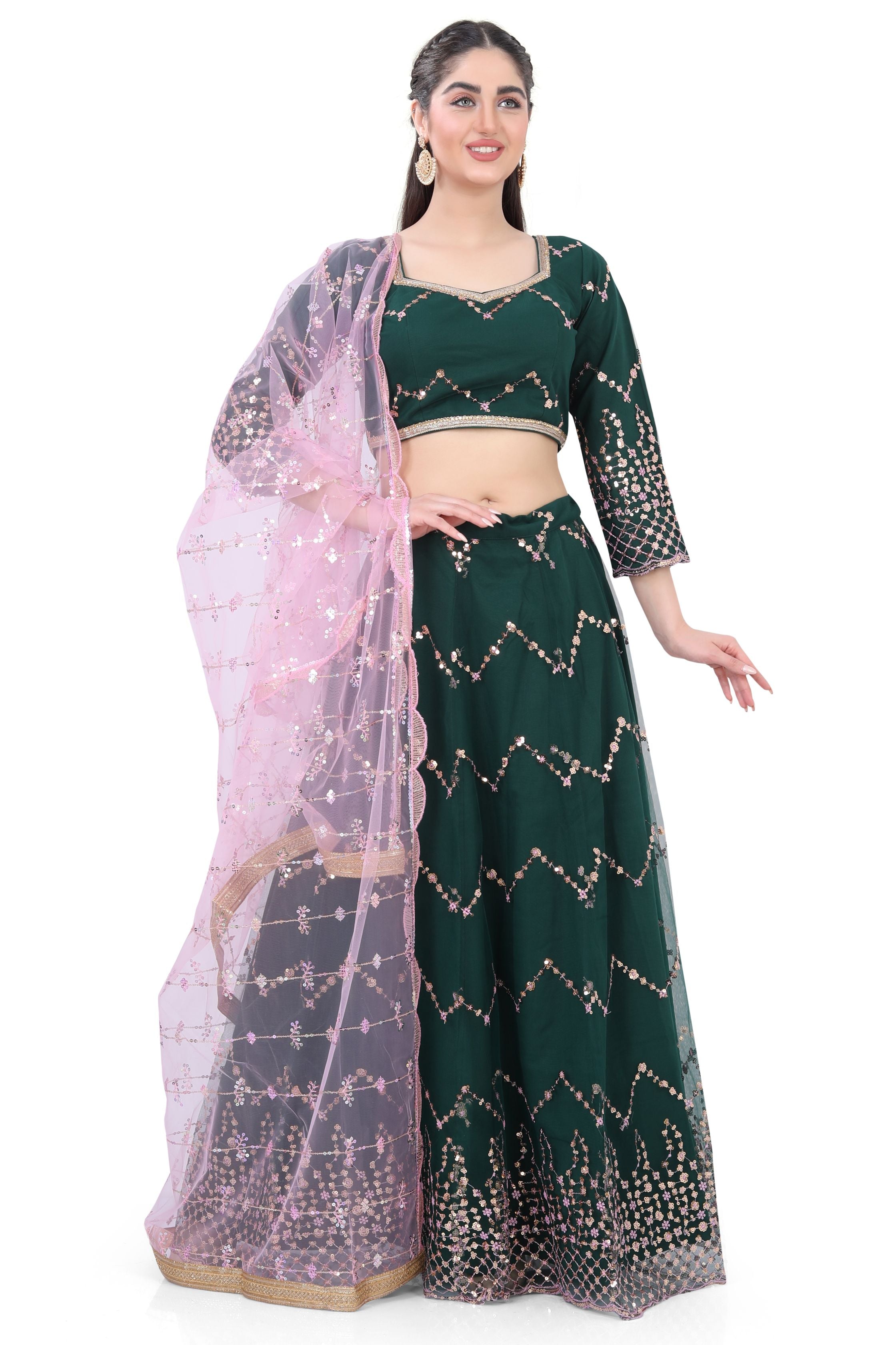 Bottle Green Net Lehenga Choli