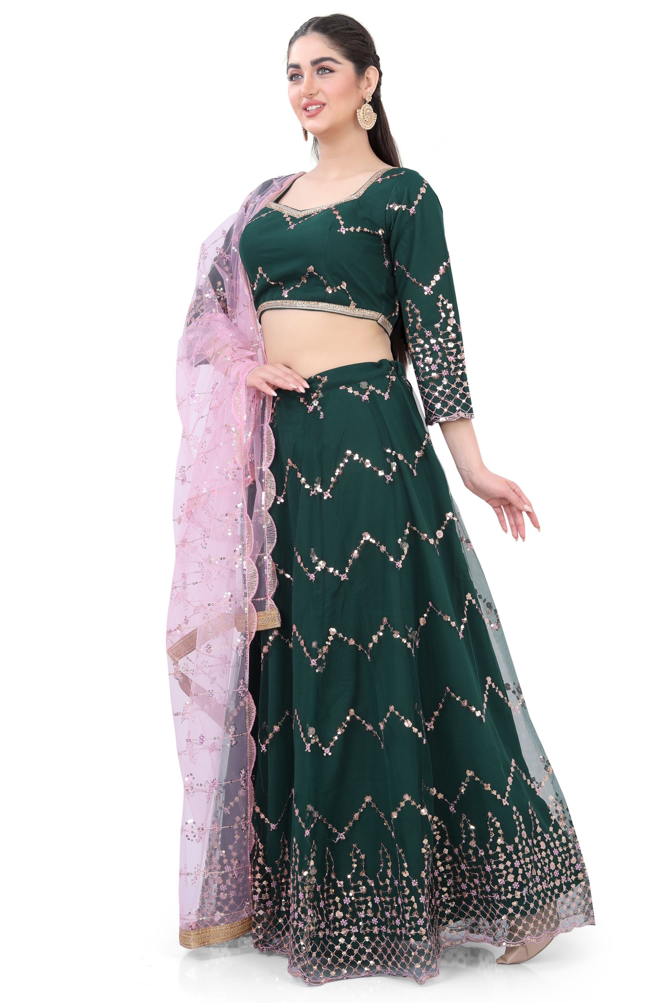 Bottle Green Net Lehenga Choli