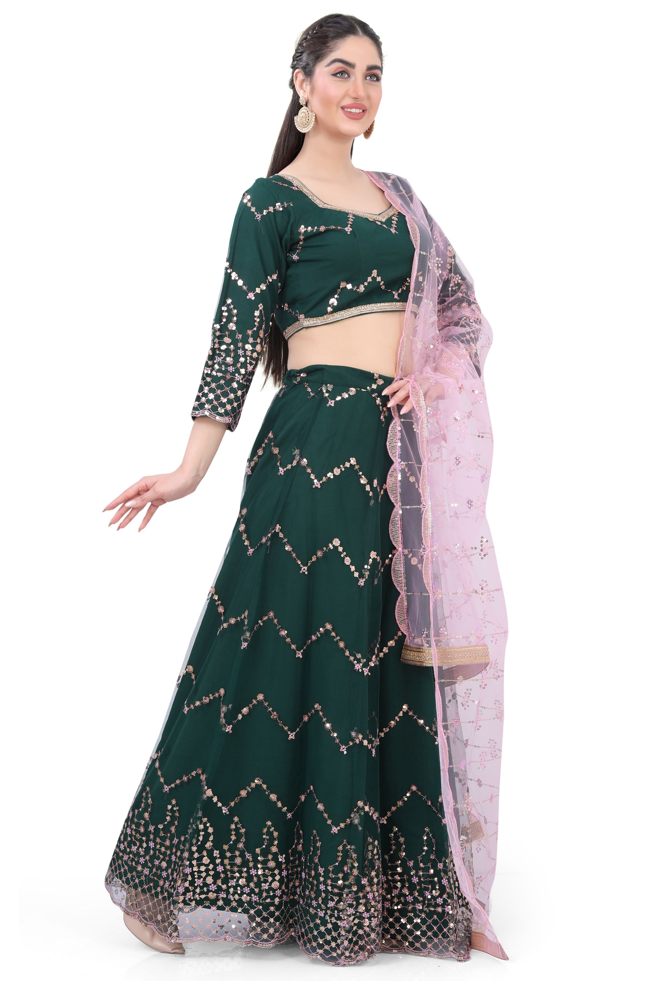 Bottle Green Net Lehenga Choli