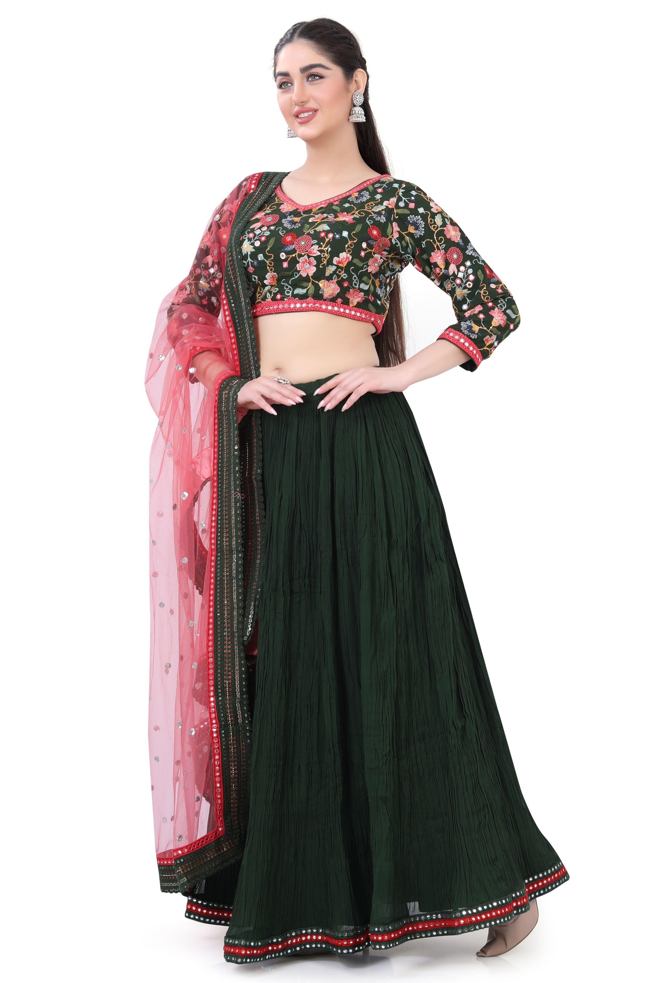 Olive Green Embroidered Georgette Partywear Lehenga Choli-LC3015