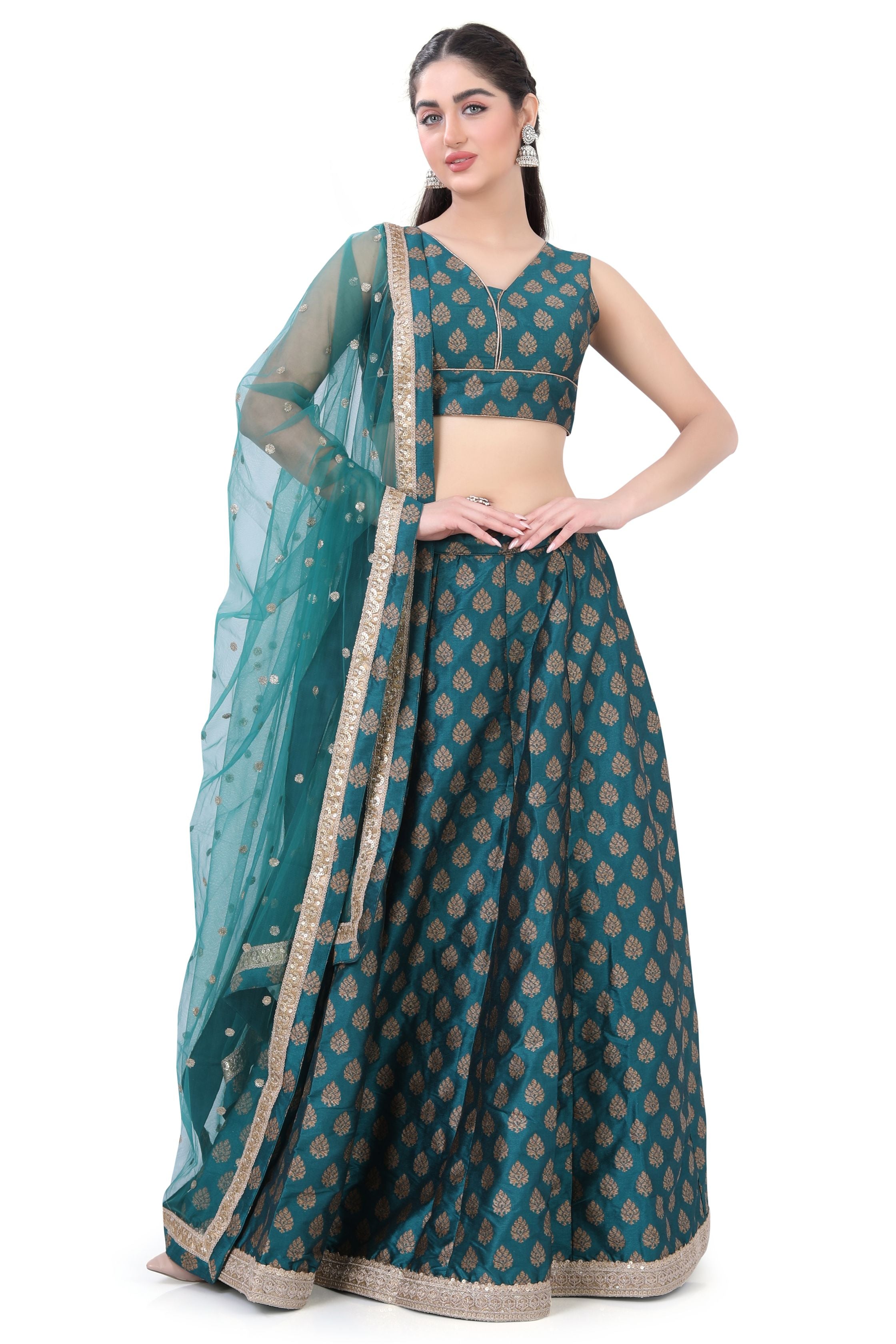 Teal Blue Brocade Lehenga Choli