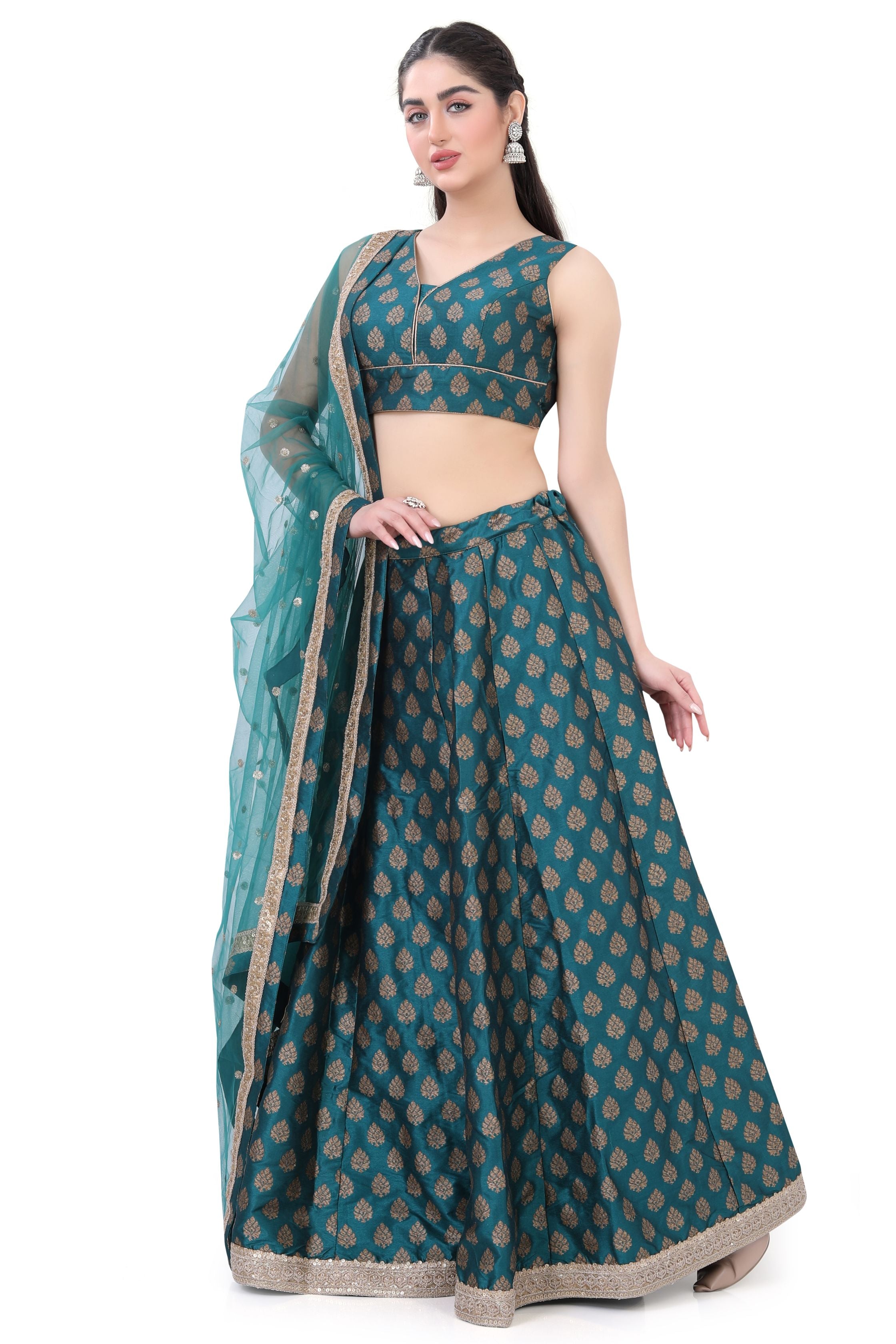 Teal Blue Brocade Lehenga Choli