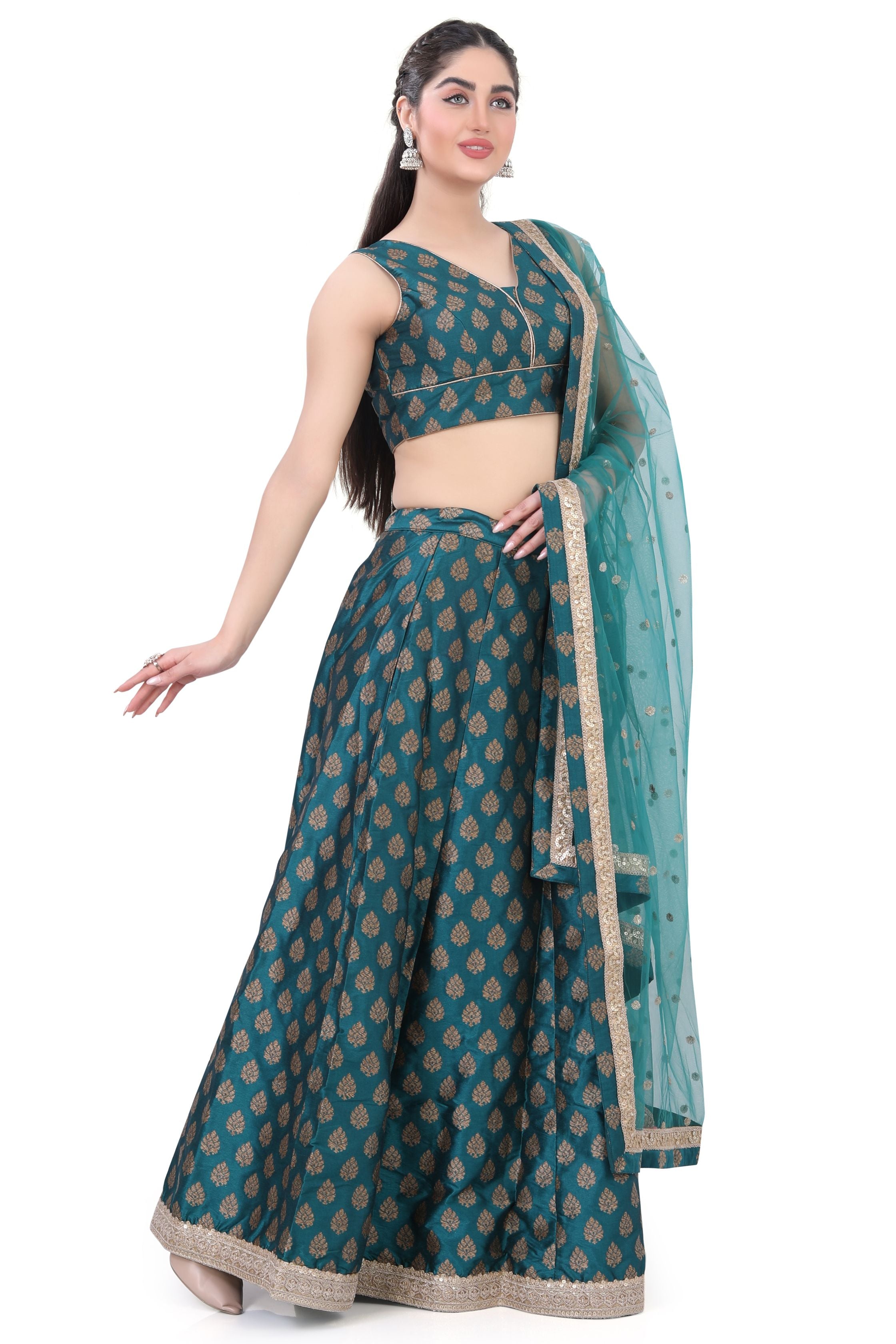 Teal Blue Brocade Lehenga Choli