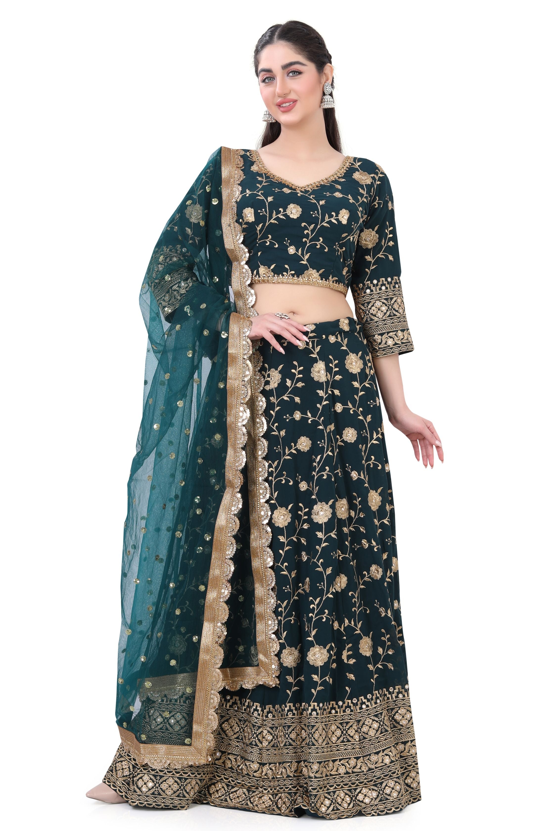 Green Georgette Lehenga Choli - Premium Partywear Lehenga from Dulhan Exclusives - Just $435! Shop now at Dulhan Exclusives