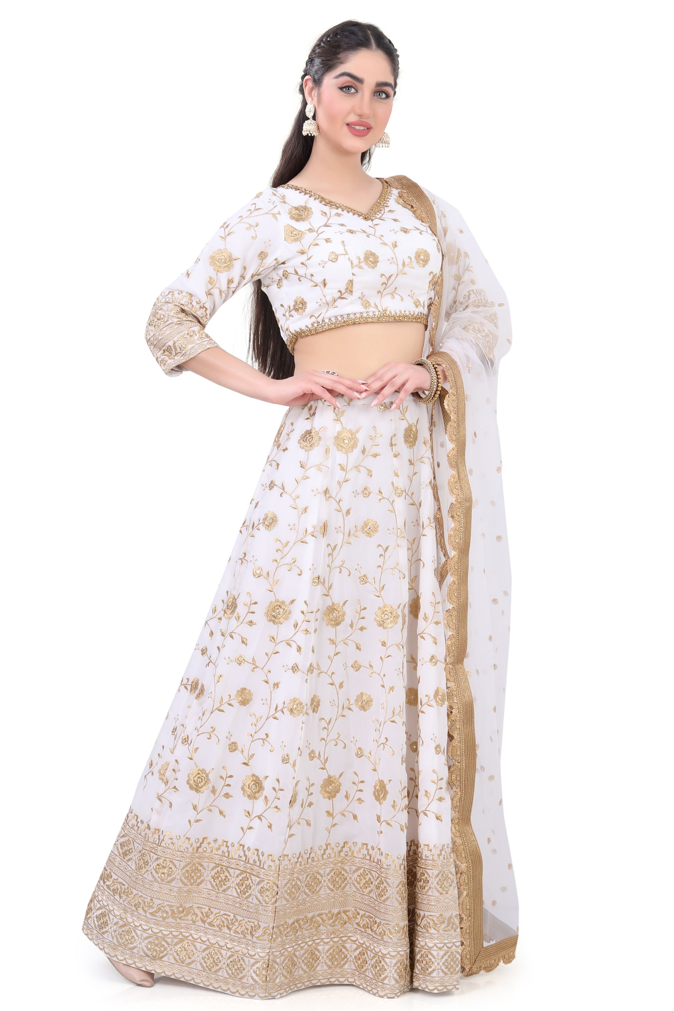 White Georgette Partywear Embroidered Lehenga Choli
