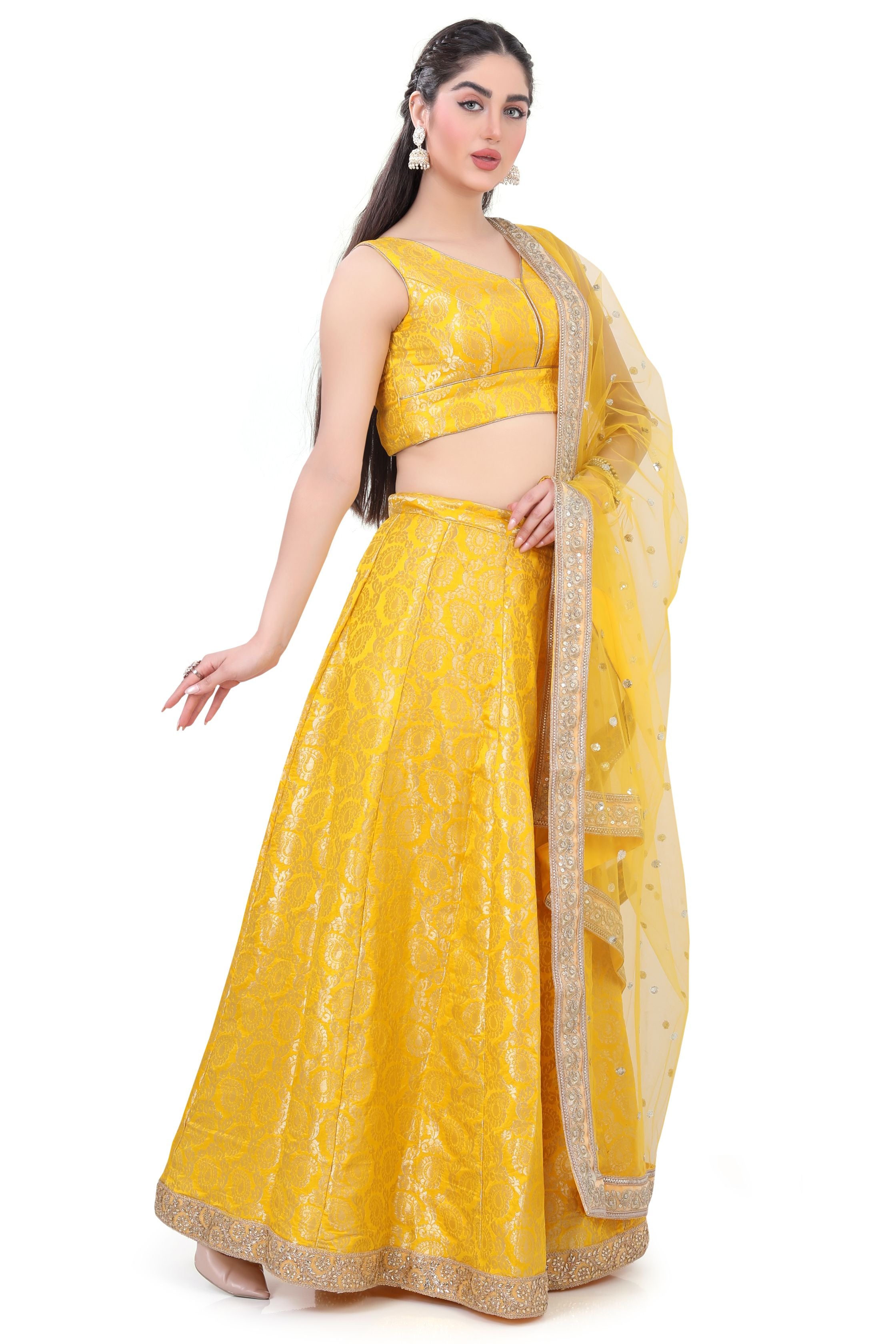 Yellow Brocade Lehenga Choli - Premium Partywear Lehenga from Dulhan Exclusives - Just $295! Shop now at Dulhan Exclusives