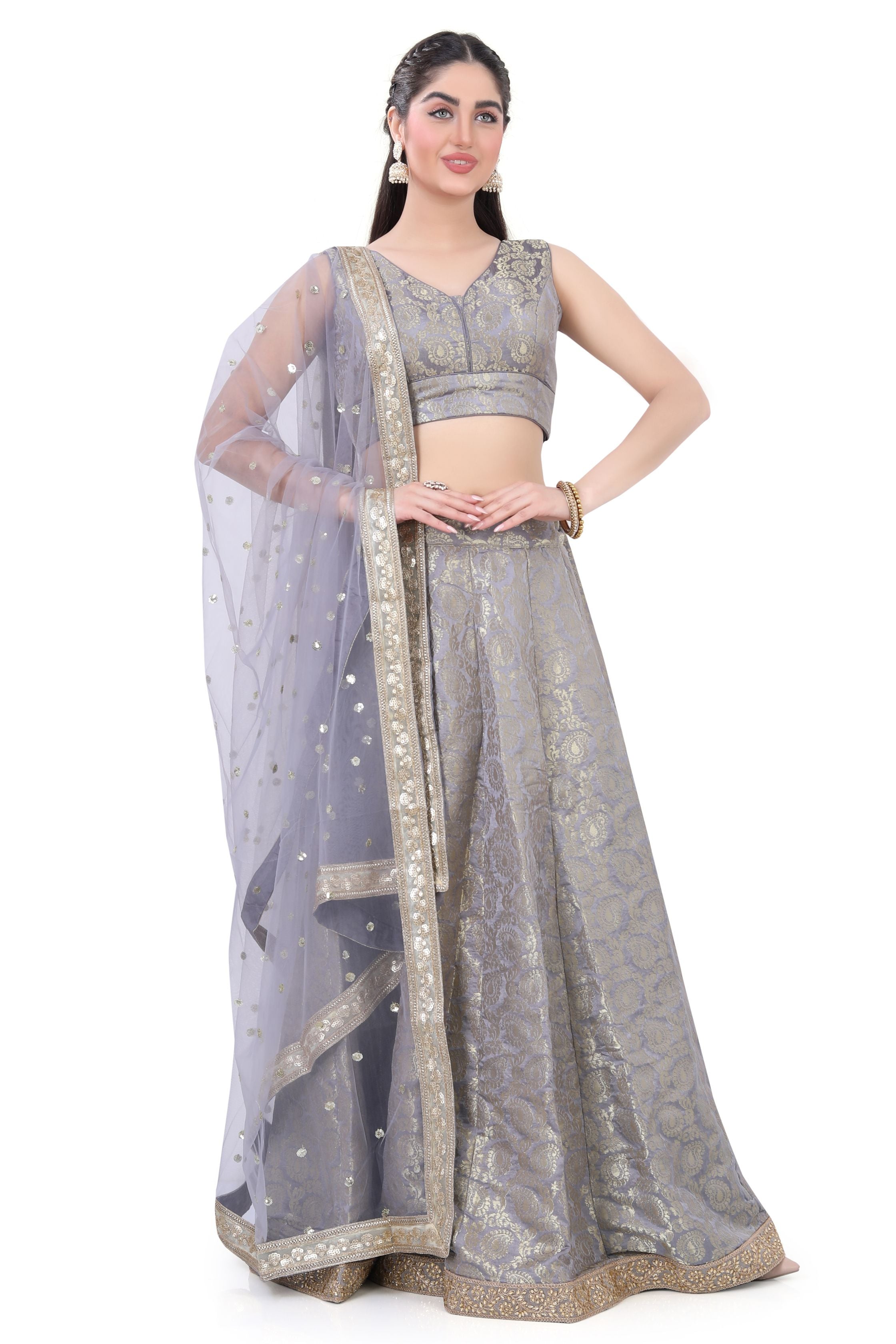 Grey Brocade Lehenga Choli