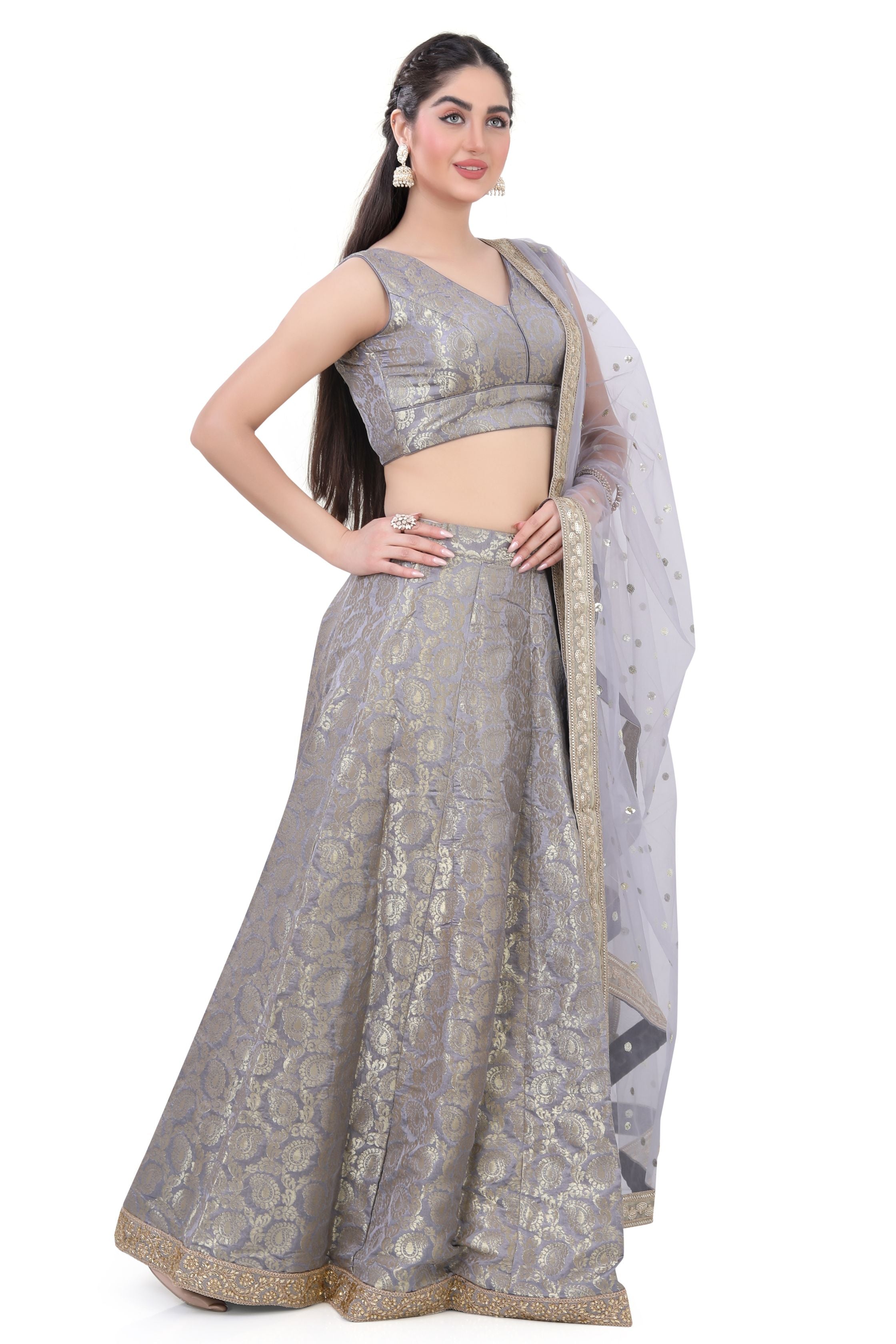 Grey Brocade Lehenga Choli