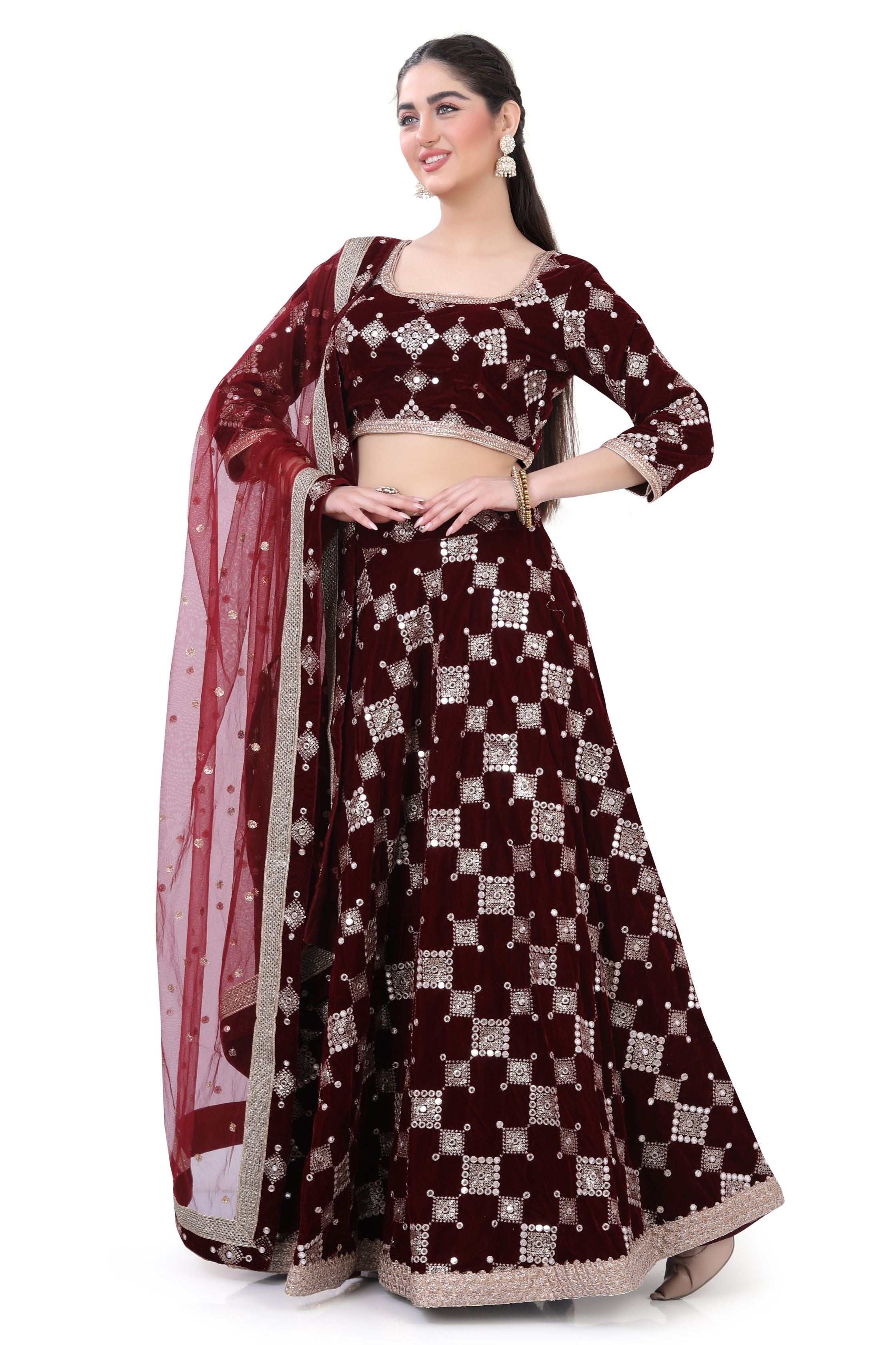 Maroon Velvet Lehenga Choli-3