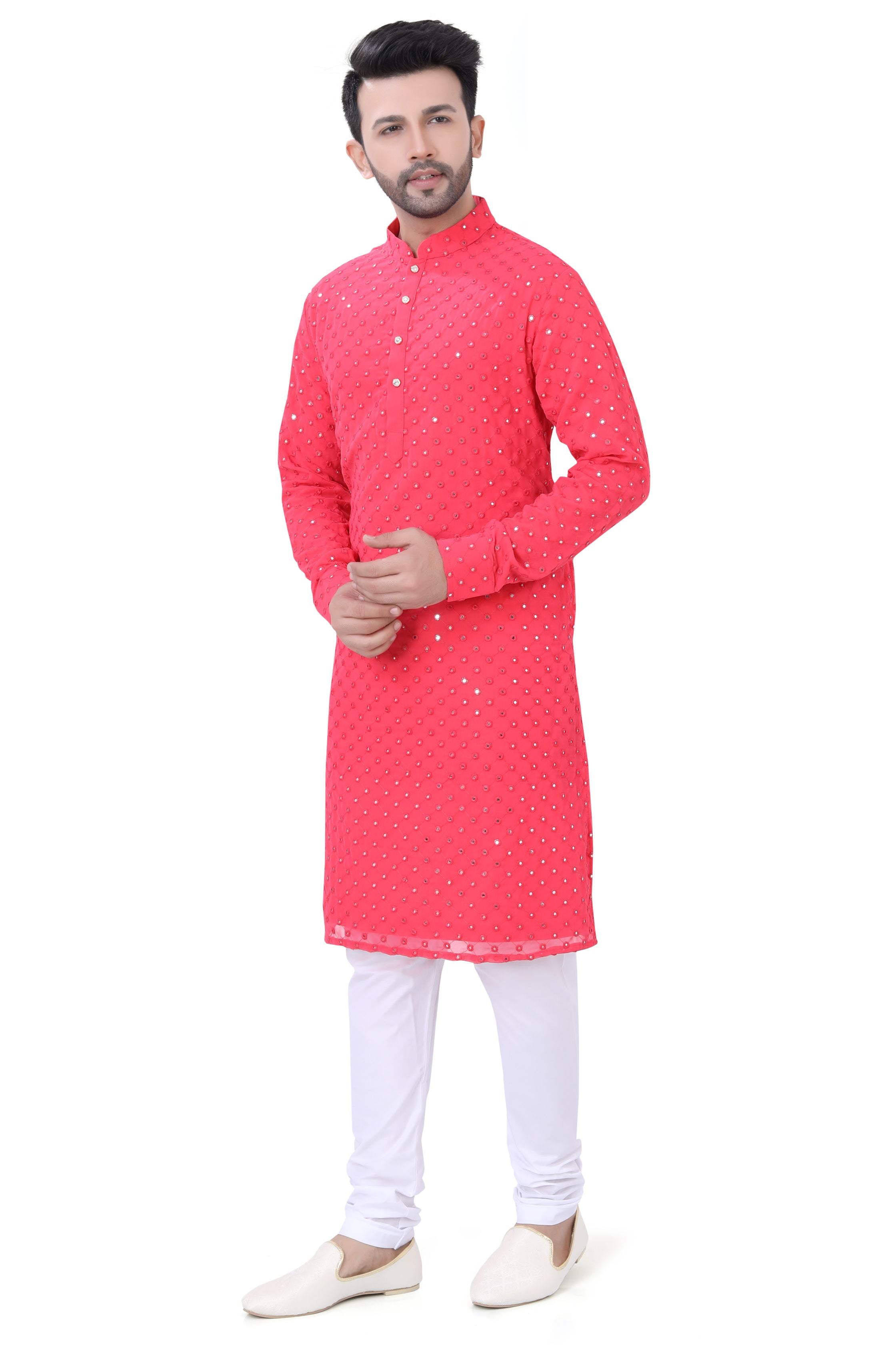Abhala Work Kurta in Soft Georgette Fabric in Coral Pink Color
