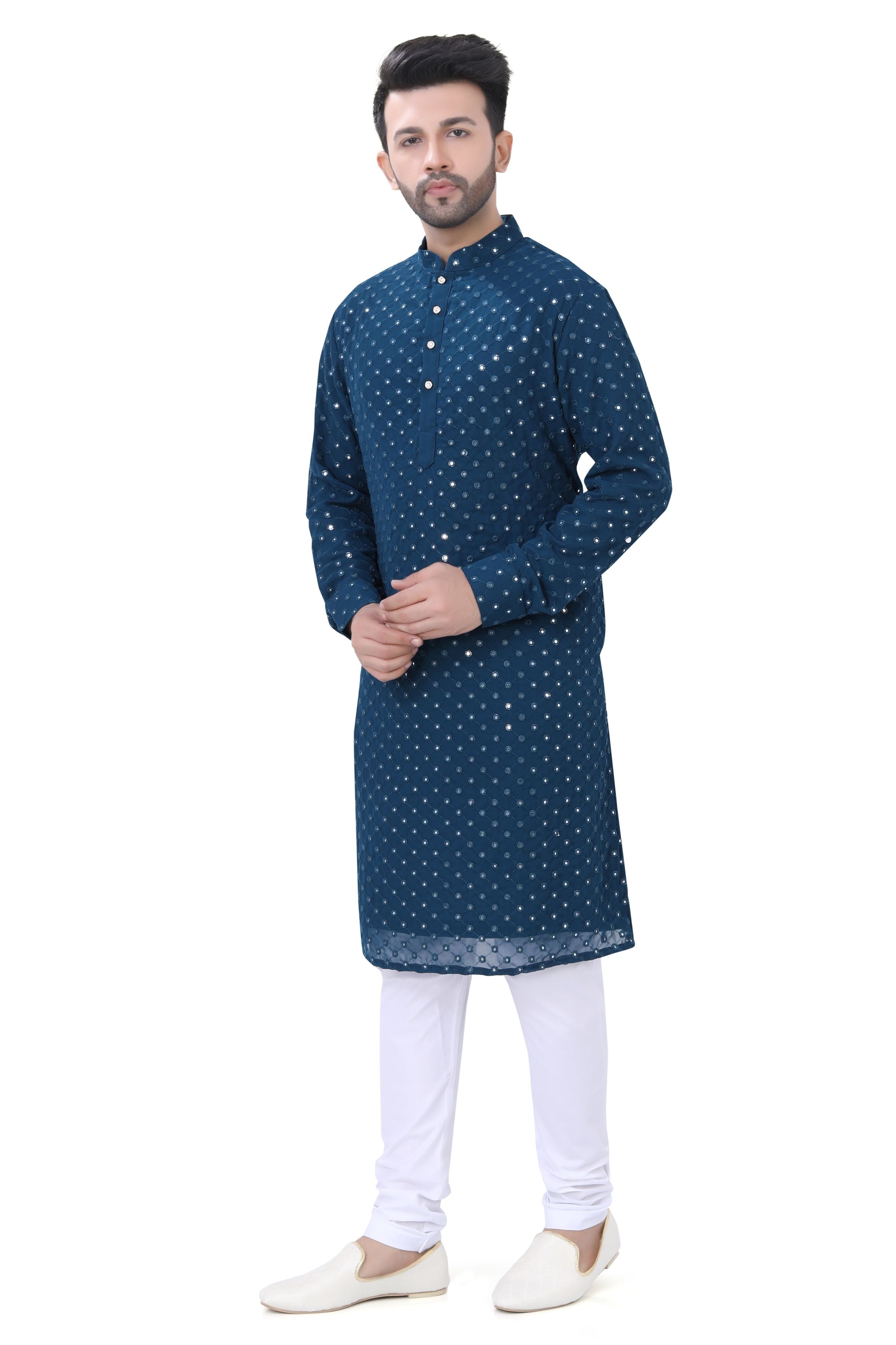 Abhala Work Kurta in Soft Georgette Fabric in Peacock Blue Color