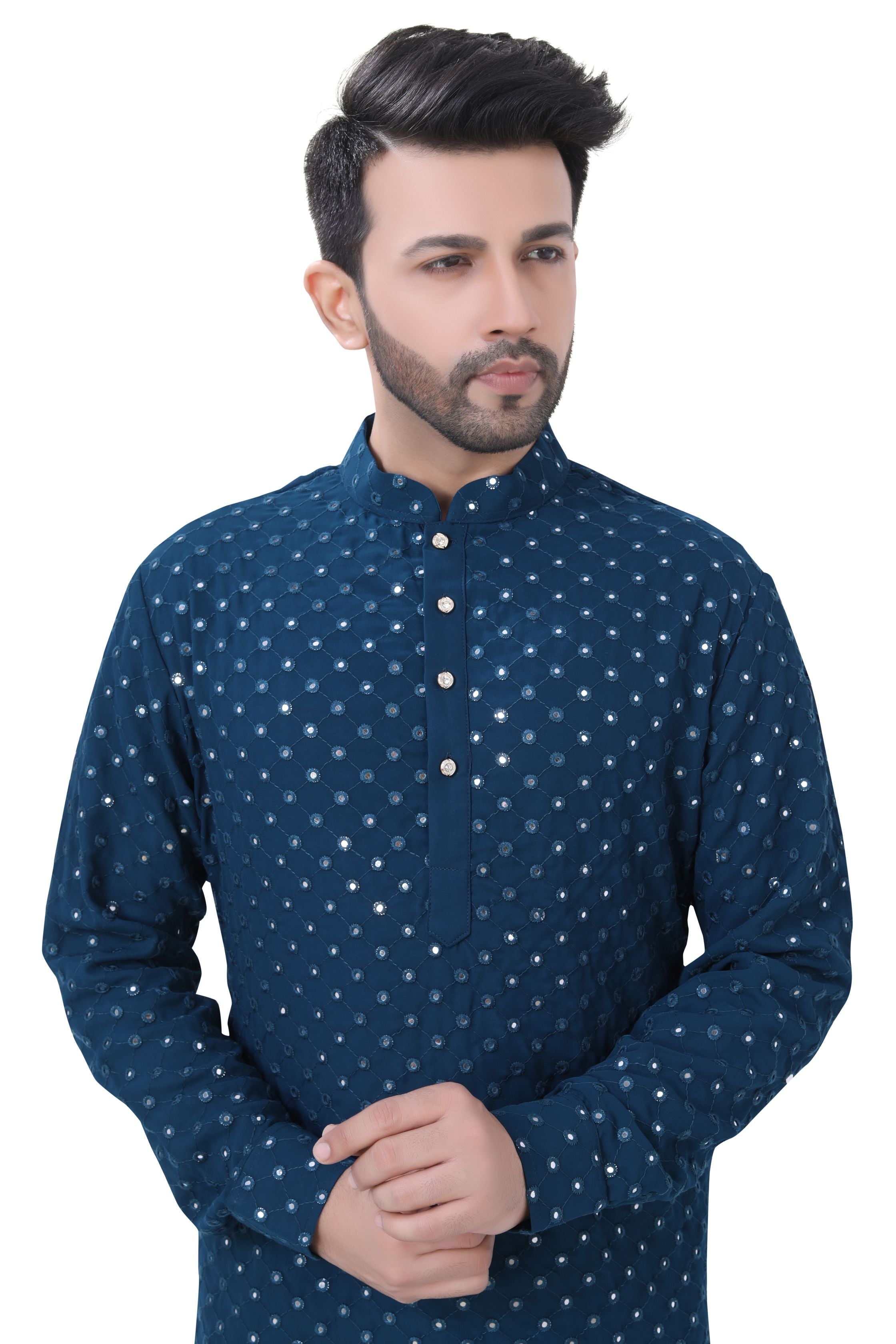 Abhala Work Kurta in Soft Georgette Fabric in Peacock Blue Color