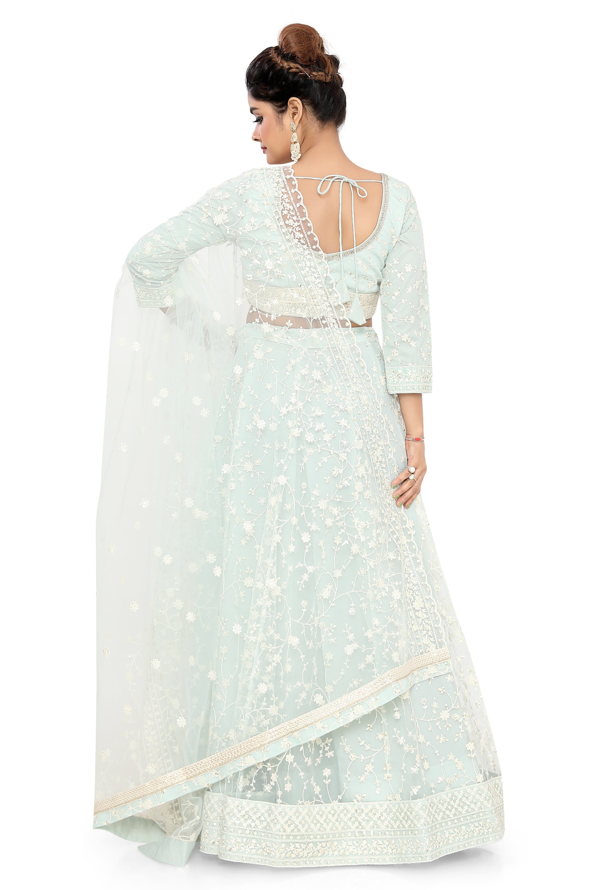 Sea  Green Embroidered Net Lehenga Choli