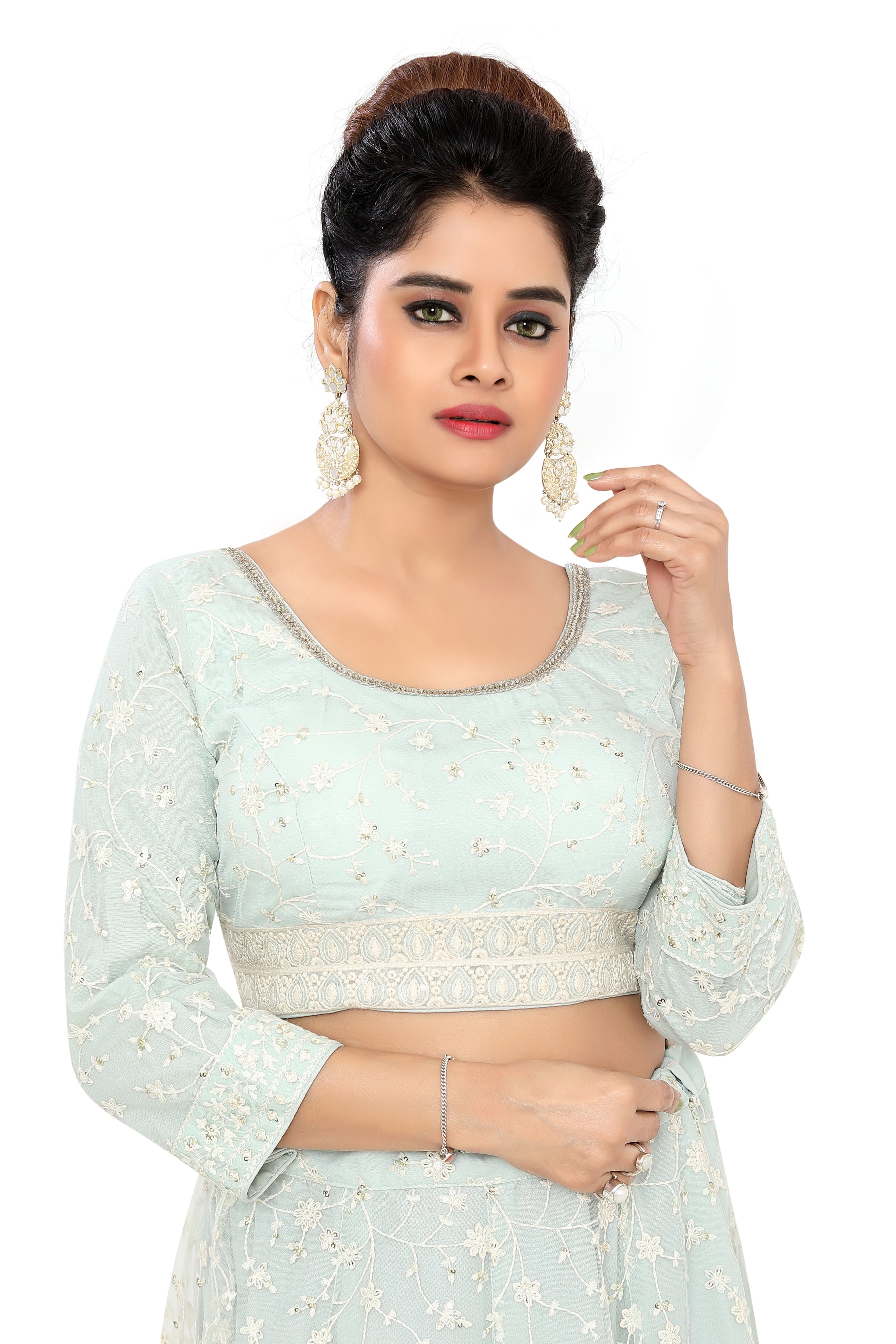 Sea  Green Embroidered Net Lehenga Choli