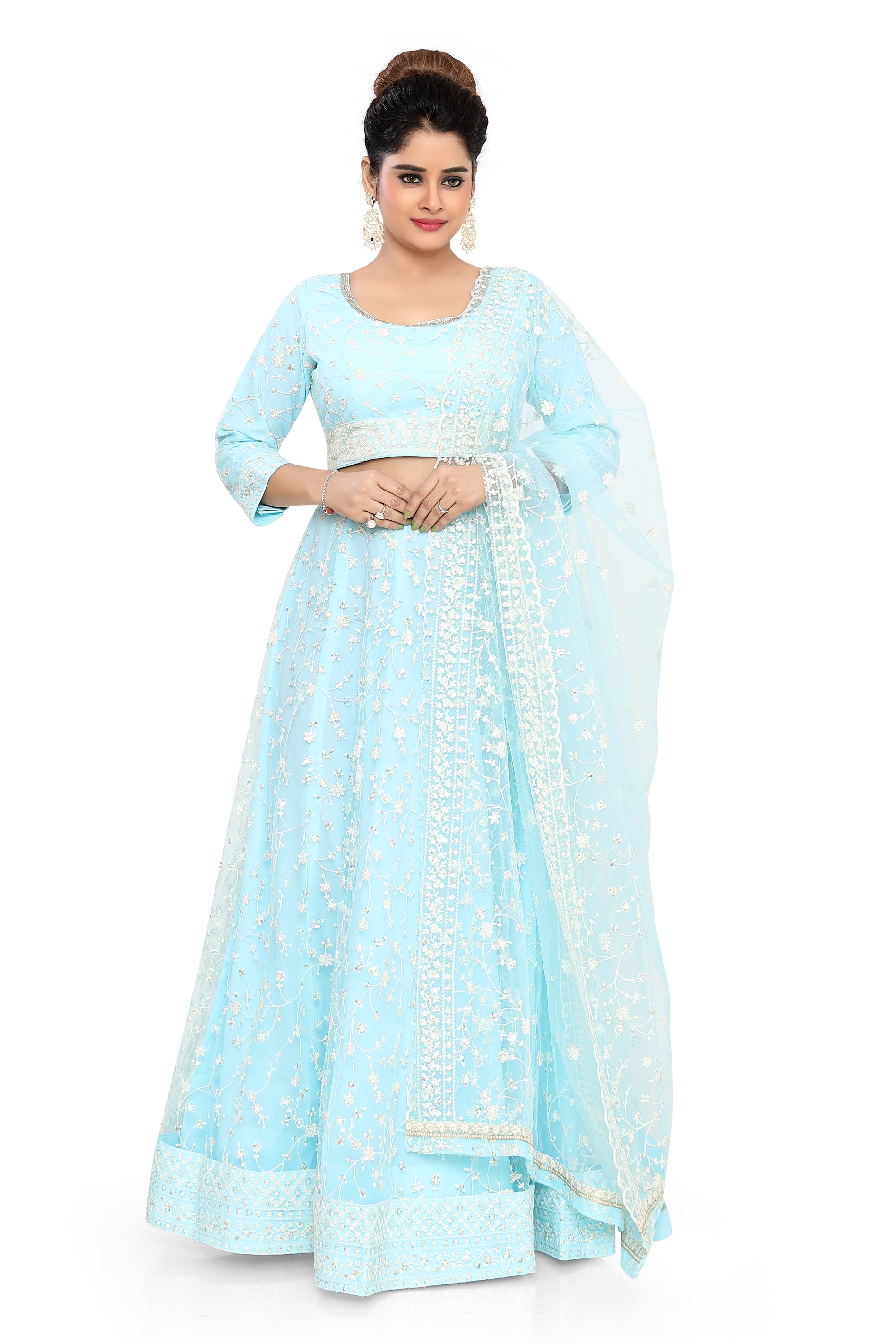 Blue Embroidered Net Lehenga Choli