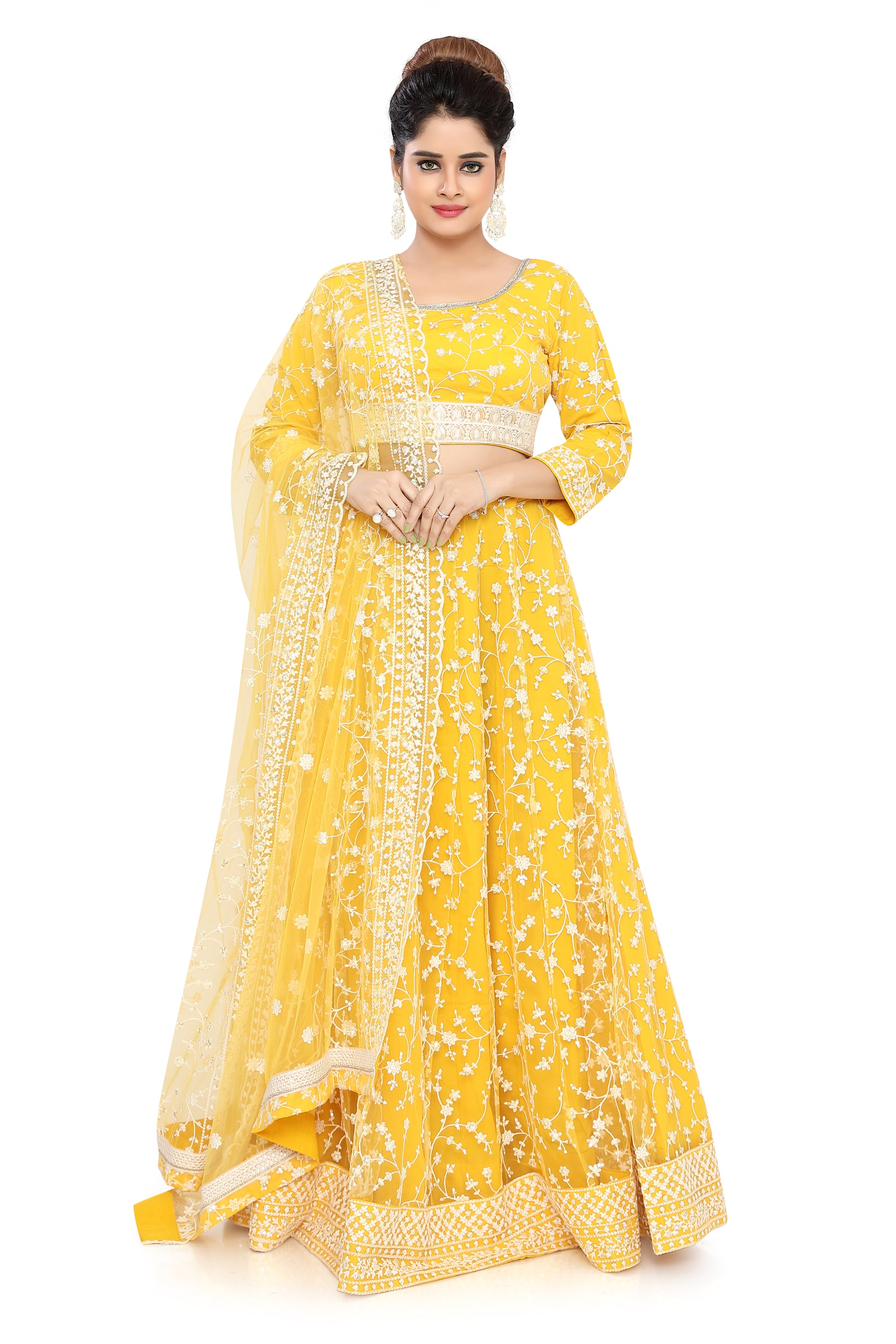 Yellow Embroidered Net Lehenga Choli