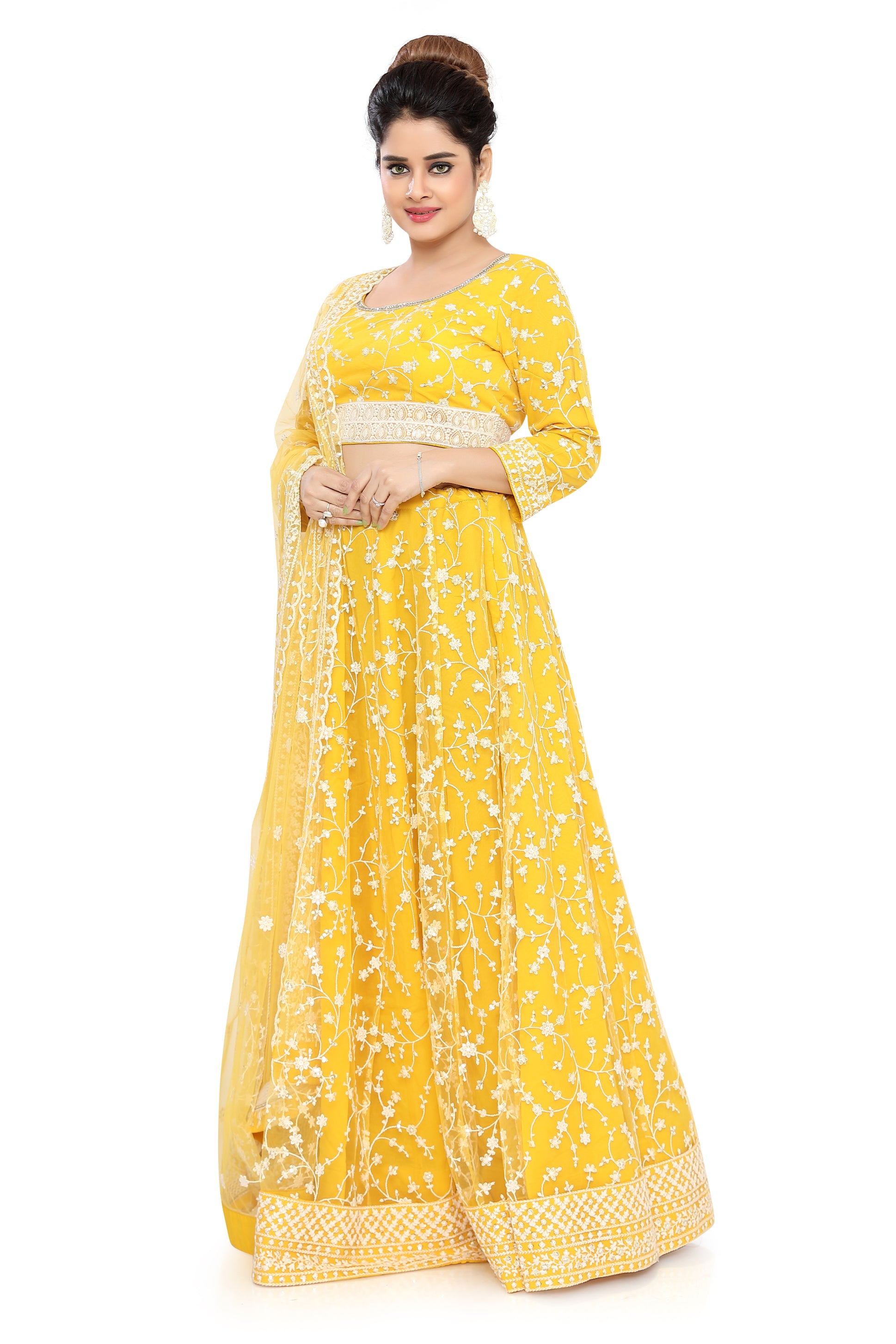 Yellow Embroidered Net Lehenga Choli